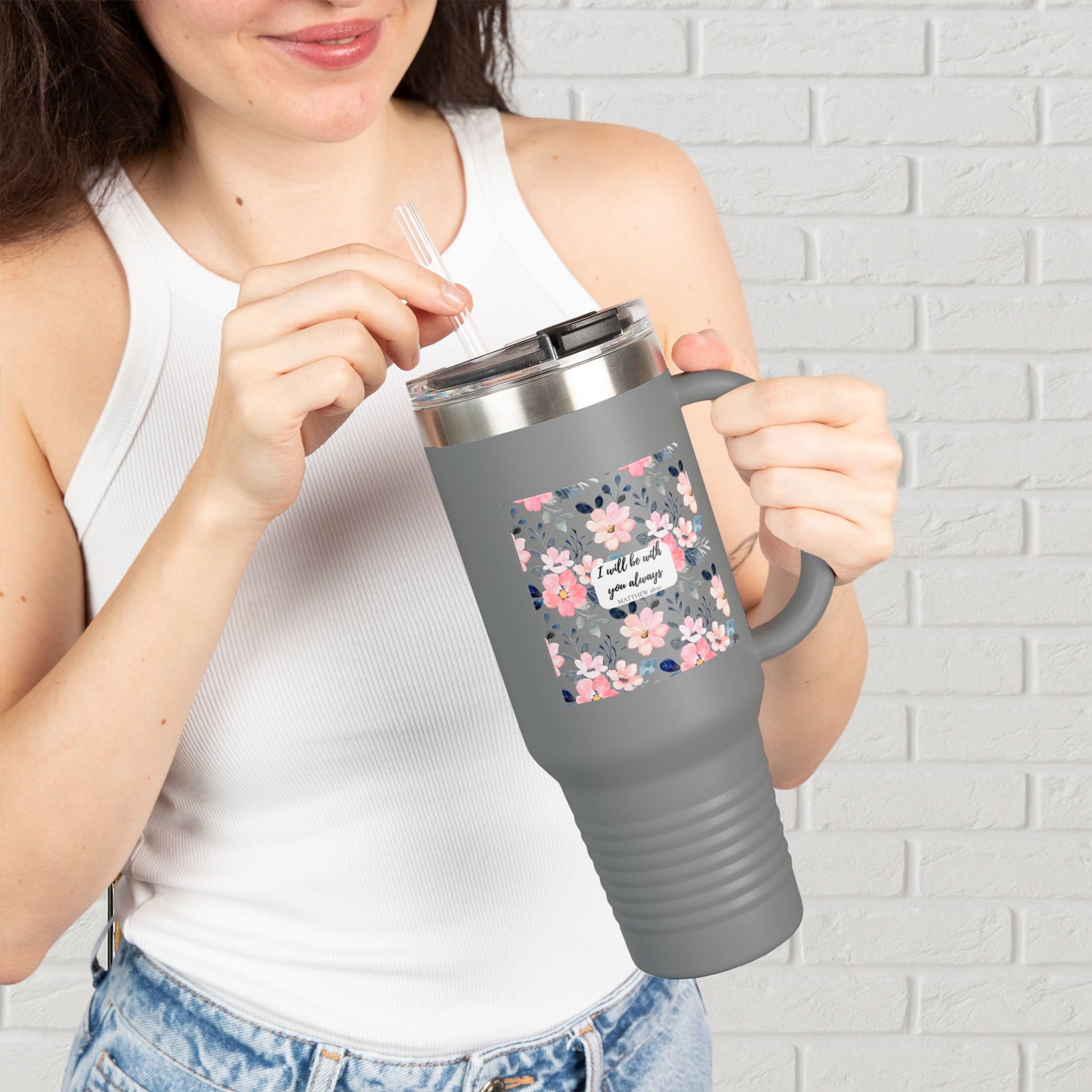 “Faith in Bloom” Floral Scripture Tumbler – Matthew 28:20