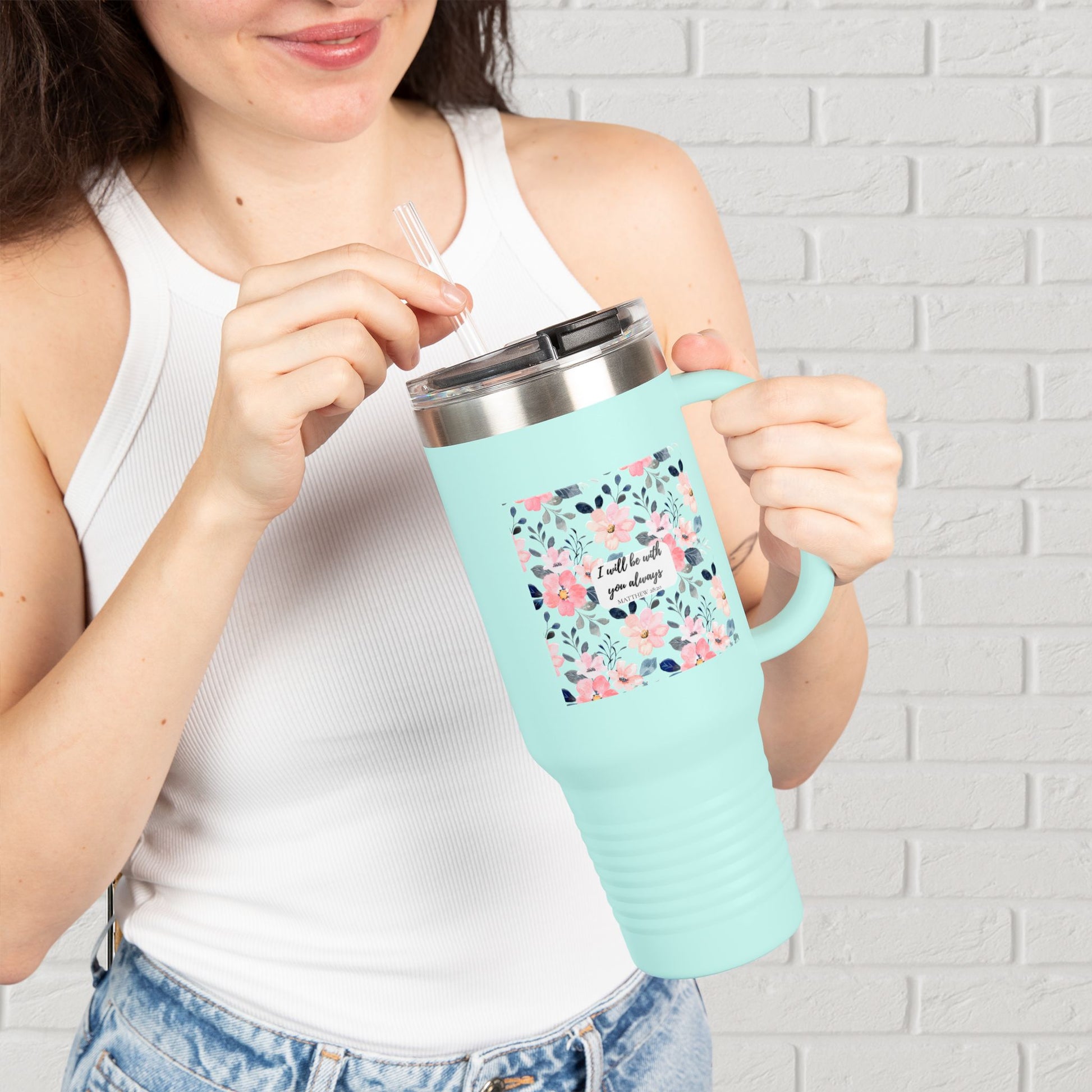 “Faith in Bloom” Floral Scripture Tumbler – Matthew 28:20
