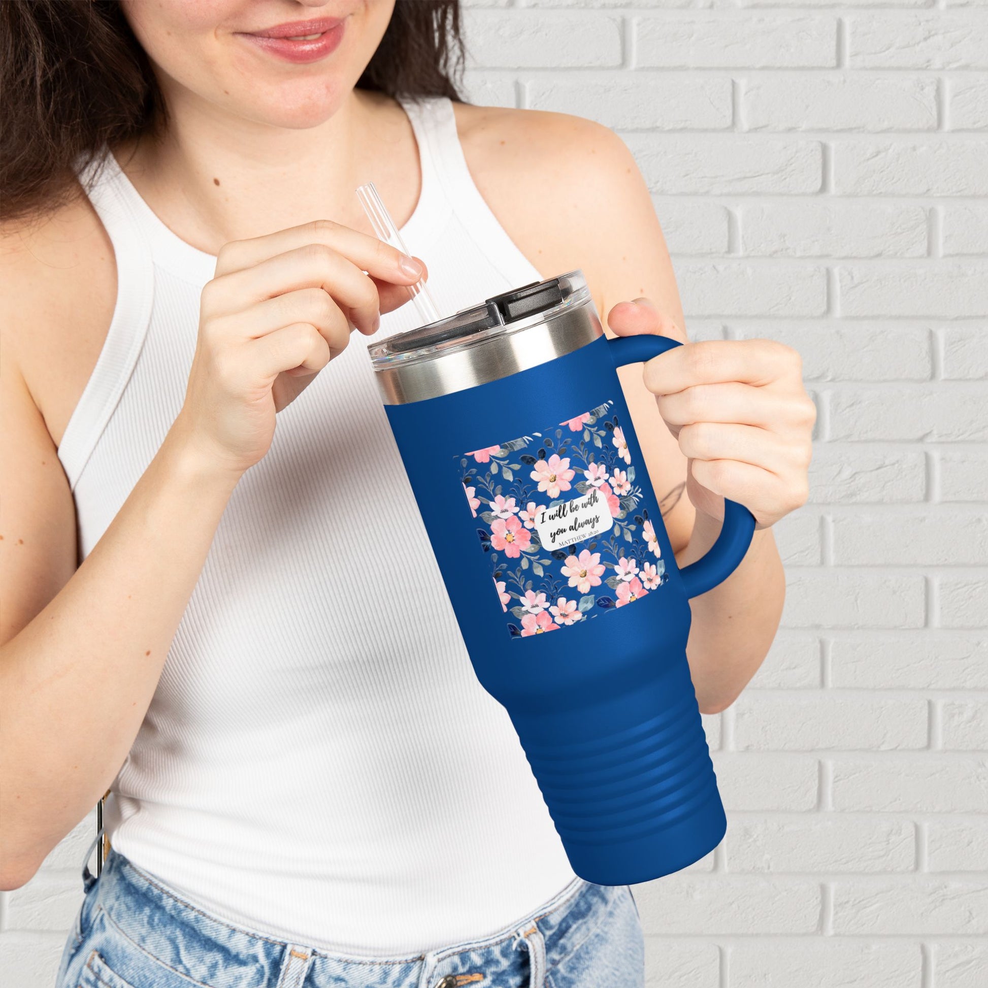 “Faith in Bloom” Floral Scripture Tumbler – Matthew 28:20