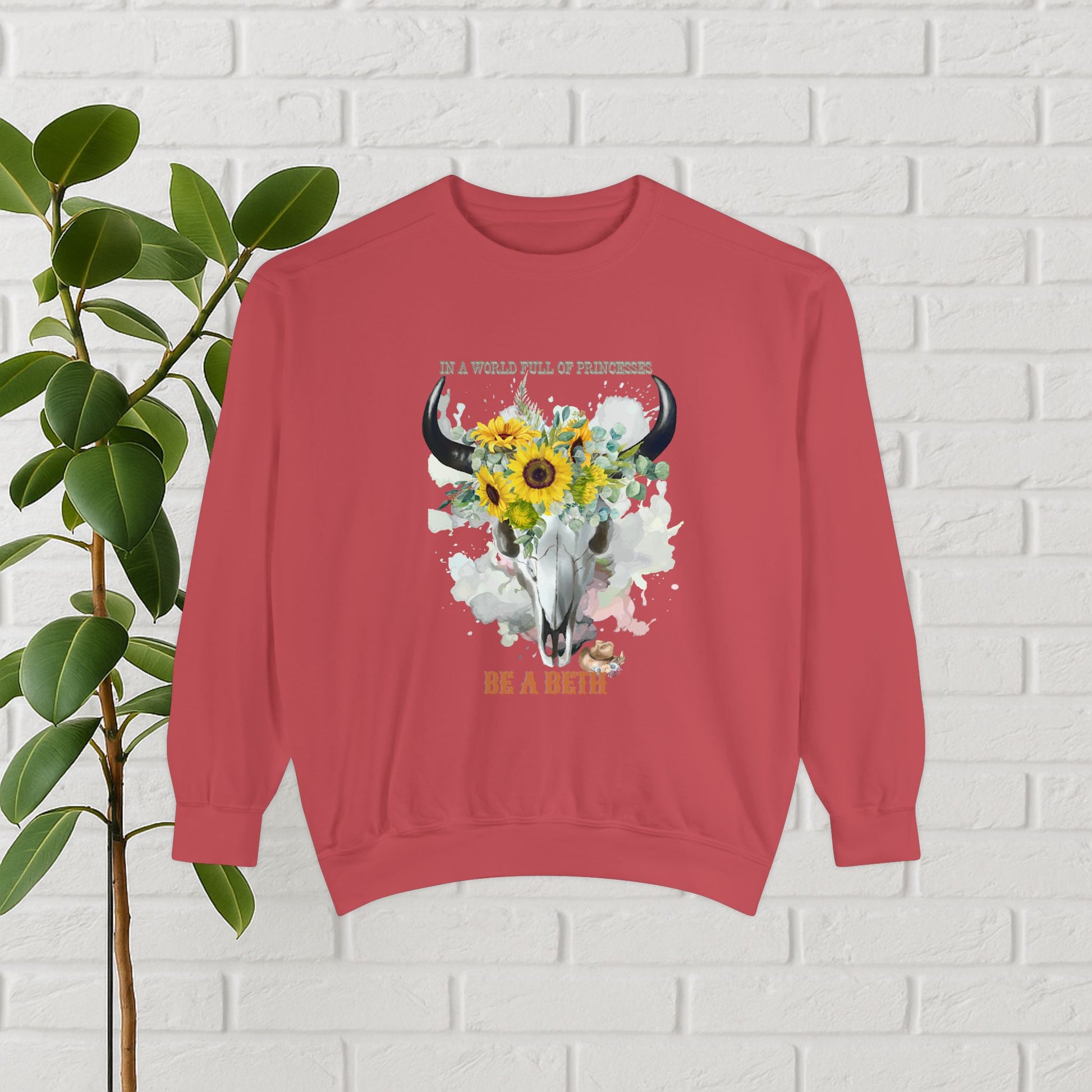 “Be a Beth” Cow Skull Sunflower Sweatshirt – Bold, Wild & Faithful