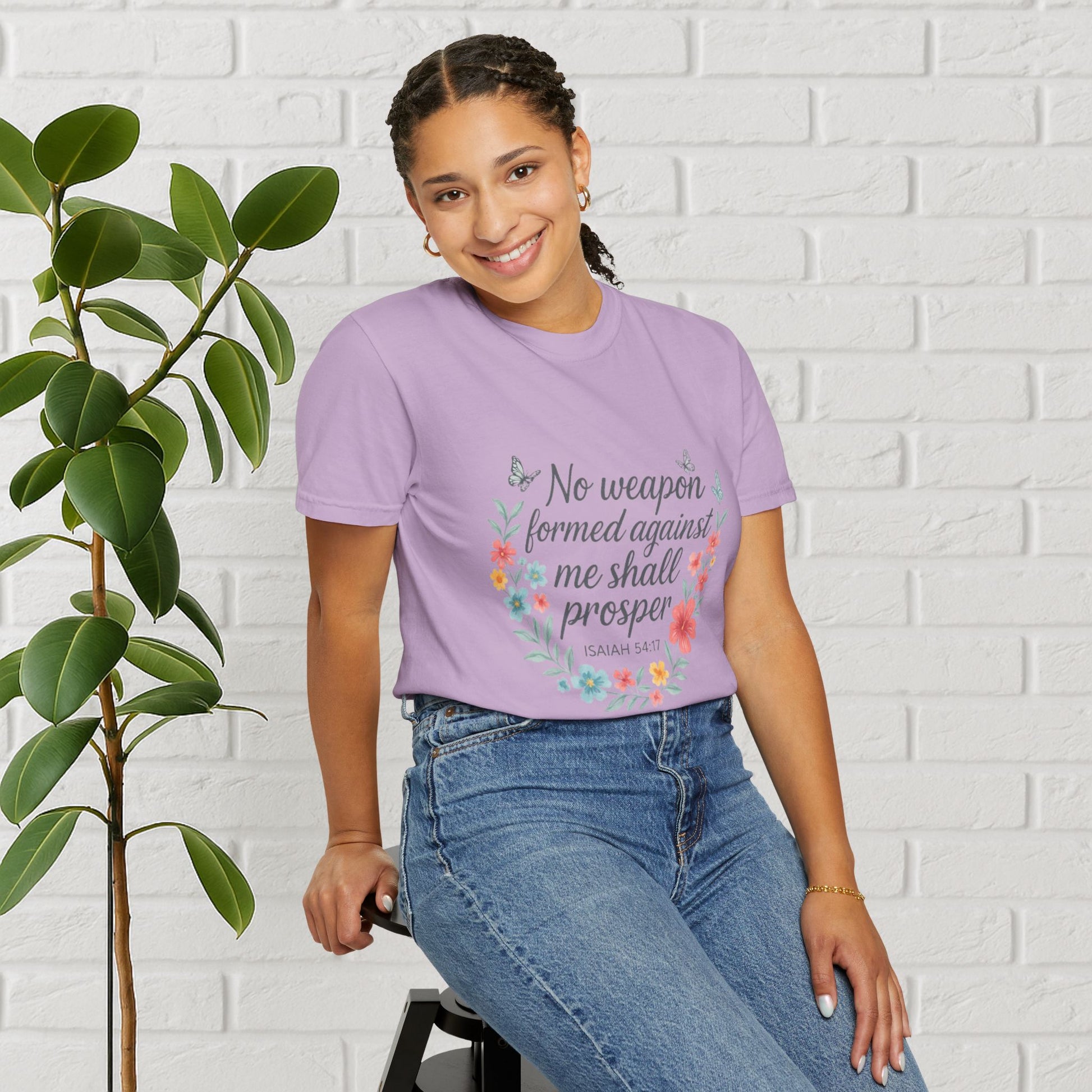 No Weapon Shall Prosper Tee – Isaiah 54:17 Floral Shield