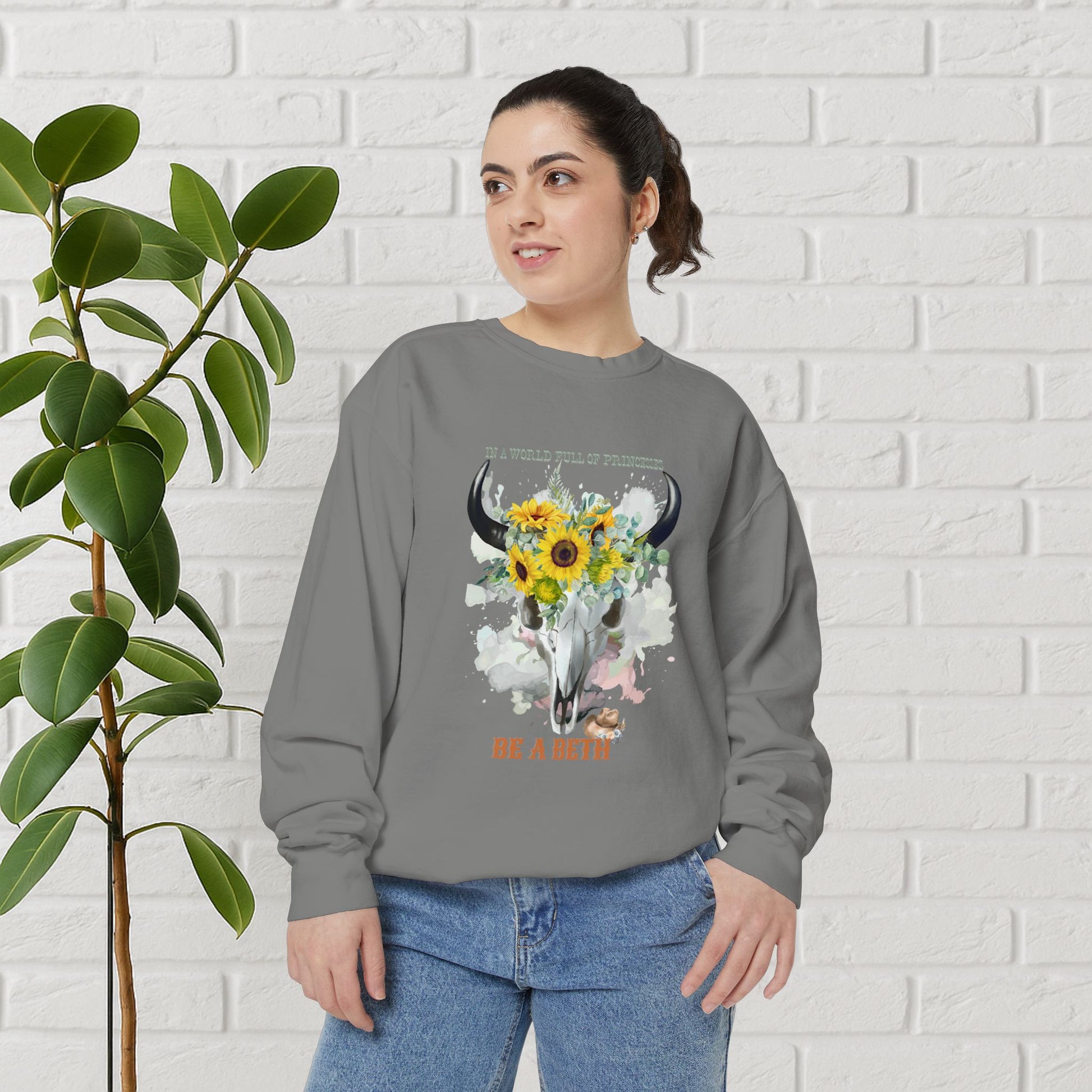 “Be a Beth” Cow Skull Sunflower Sweatshirt – Bold, Wild & Faithful