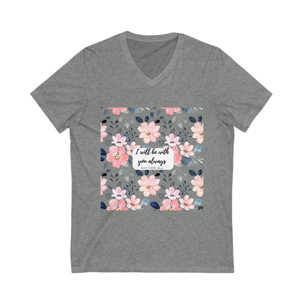Faith in Bloom” Scripture V-Neck Tee – Matthew 28:20 | Elegant Floral Christian Shirt