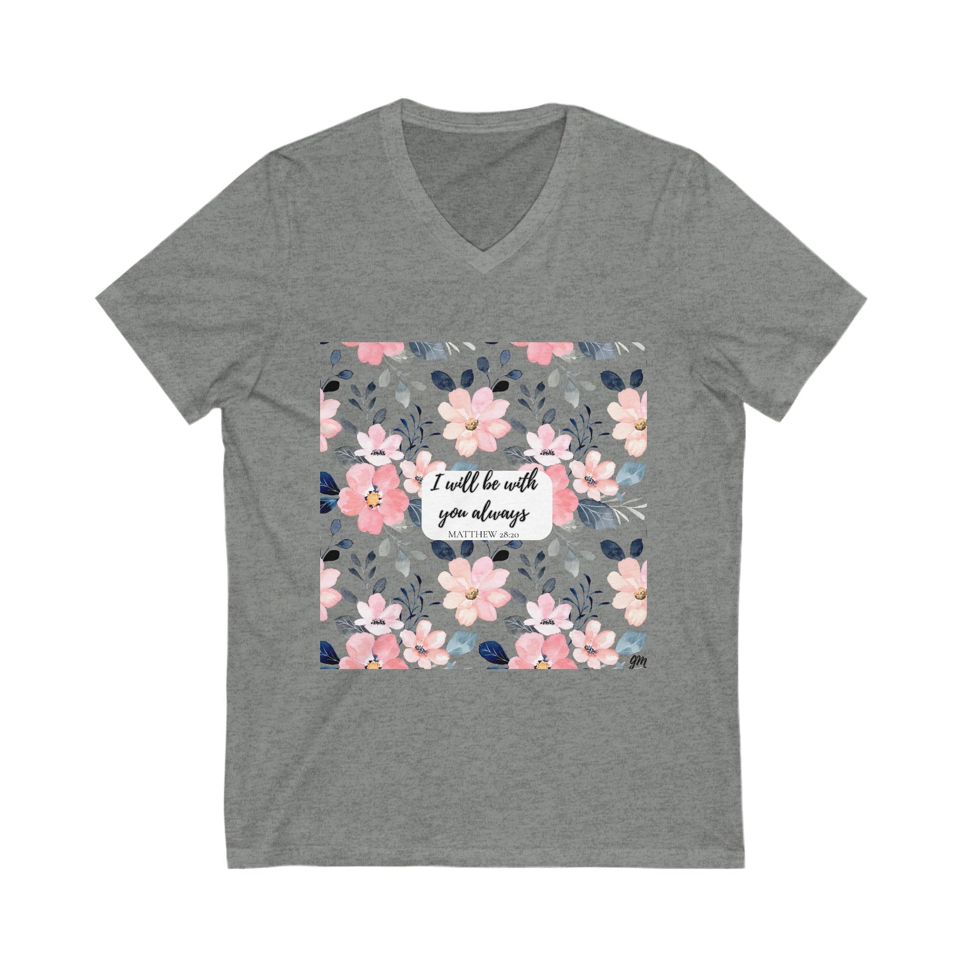 Faith in Bloom” Scripture V-Neck Tee – Matthew 28:20 | Elegant Floral Christian Shirt