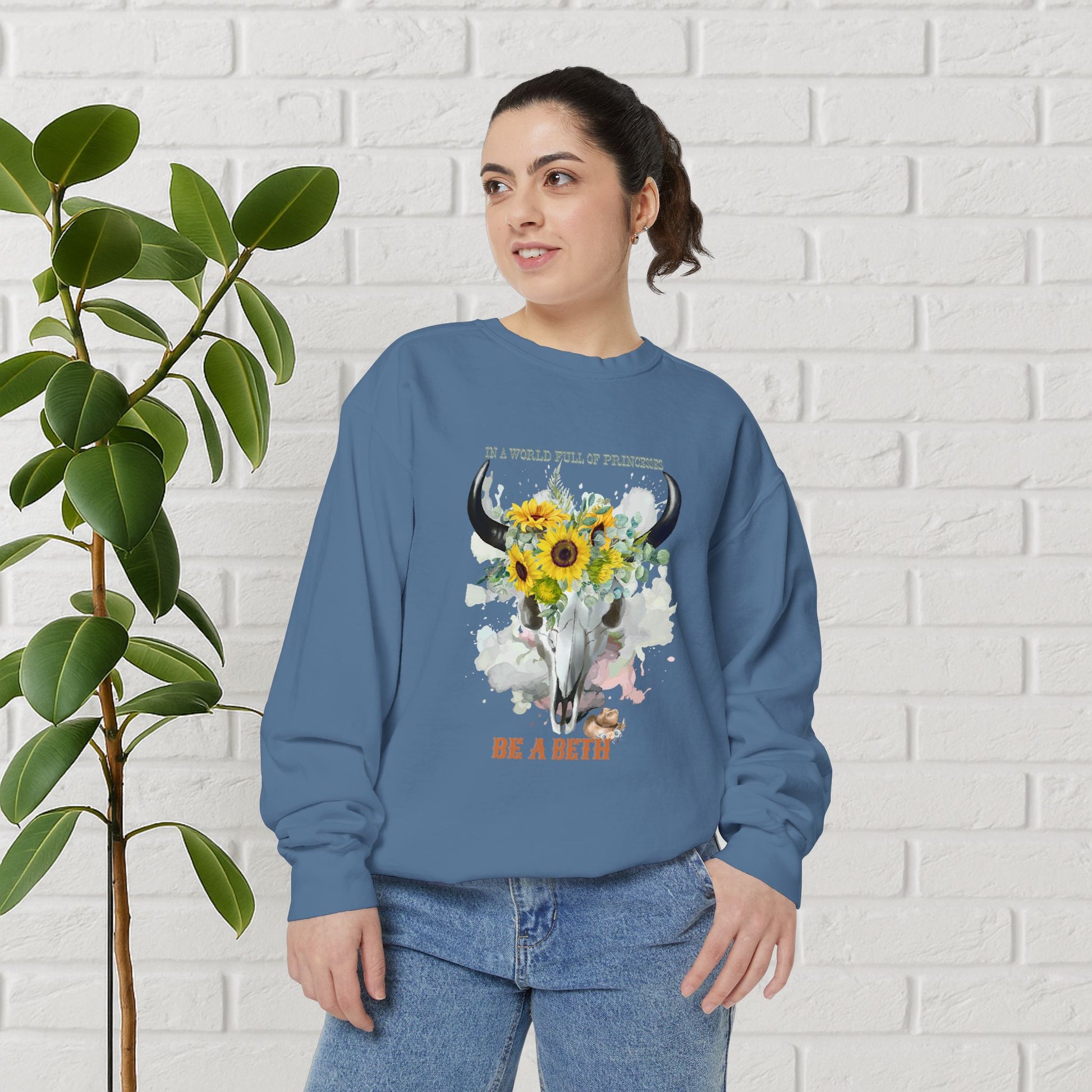“Be a Beth” Cow Skull Sunflower Sweatshirt – Bold, Wild & Faithful