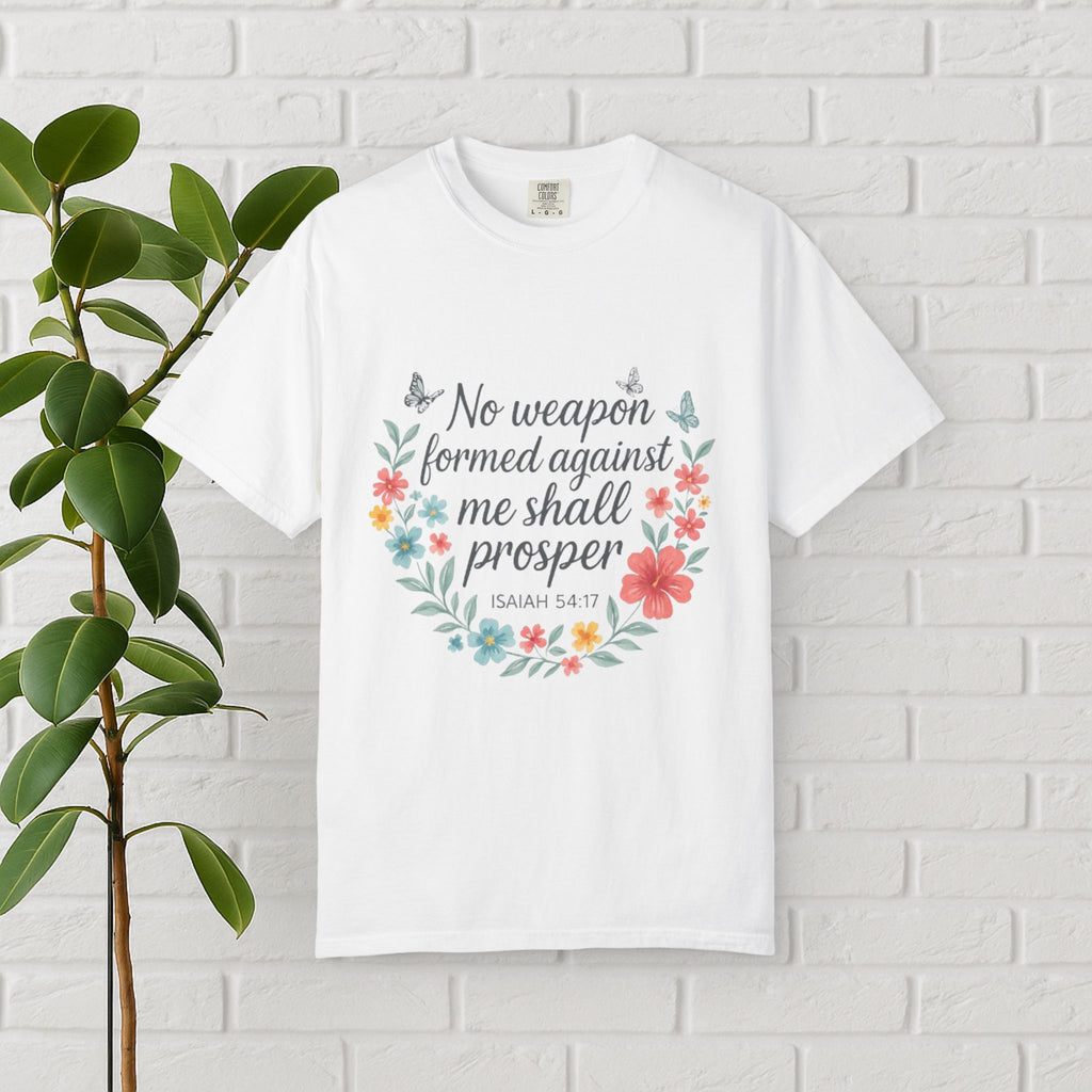No Weapon Shall Prosper Tee – Isaiah 54:17 Floral Shield