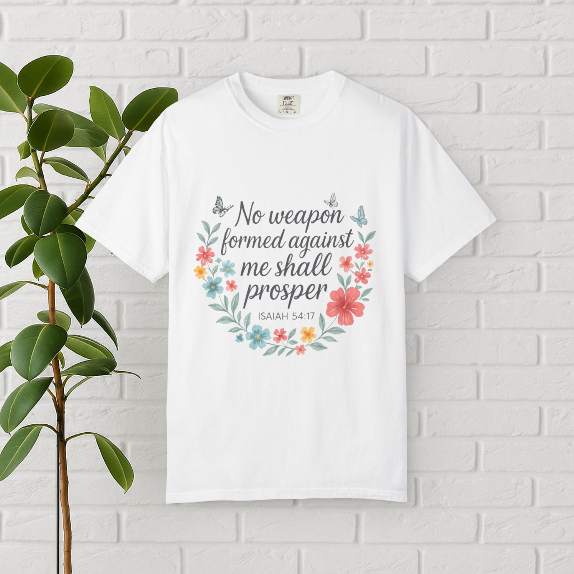 No Weapon Shall Prosper Tee – Isaiah 54:17 Floral Shield