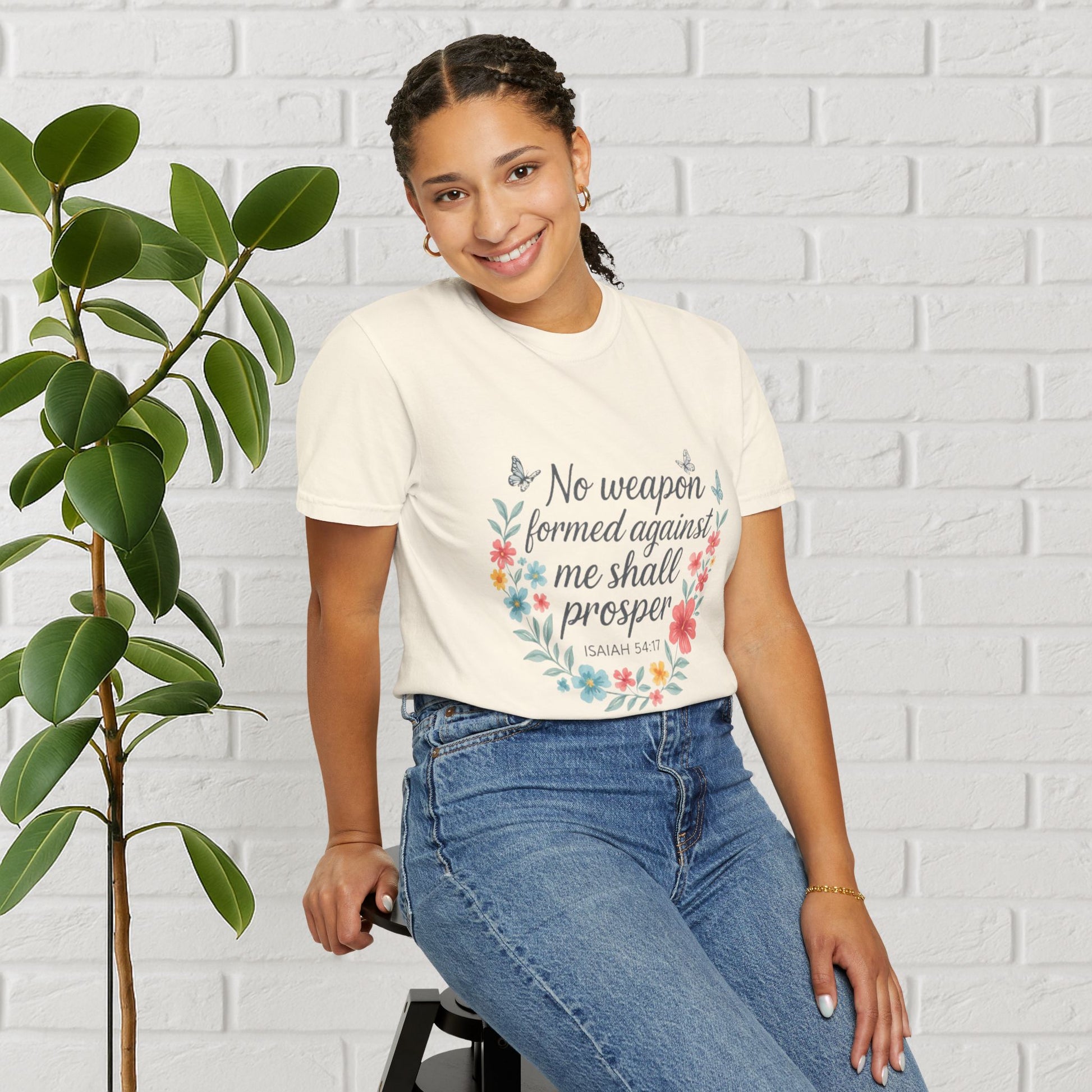 No Weapon Shall Prosper Tee – Isaiah 54:17 Floral Shield