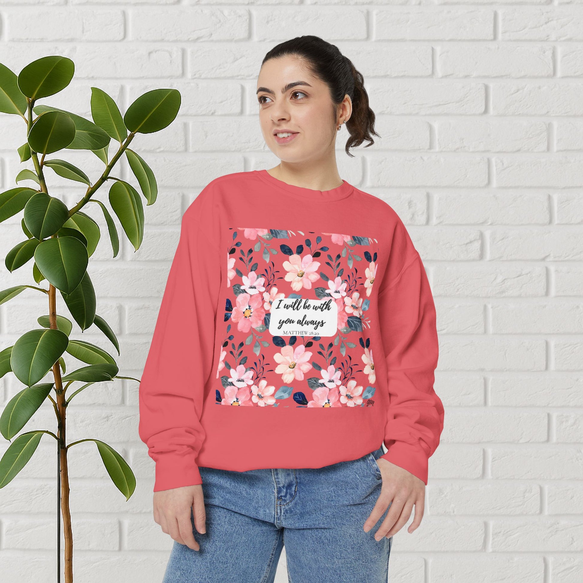 Faith in Bloom” Scripture Sweatshirt – Matthew 28:20 | Floral Christian Apparel