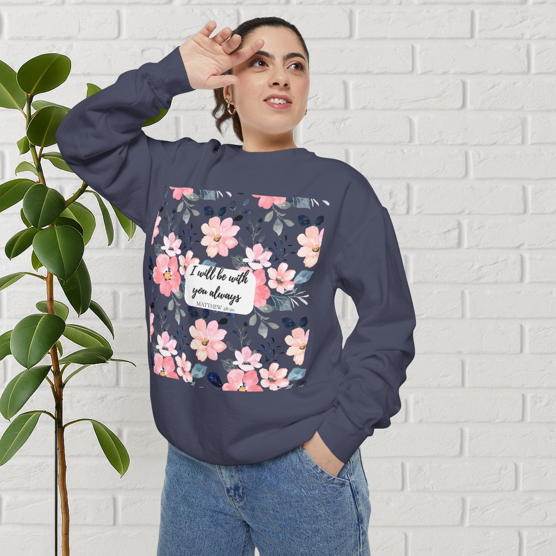 Faith in Bloom” Scripture Sweatshirt – Matthew 28:20 | Floral Christian Apparel