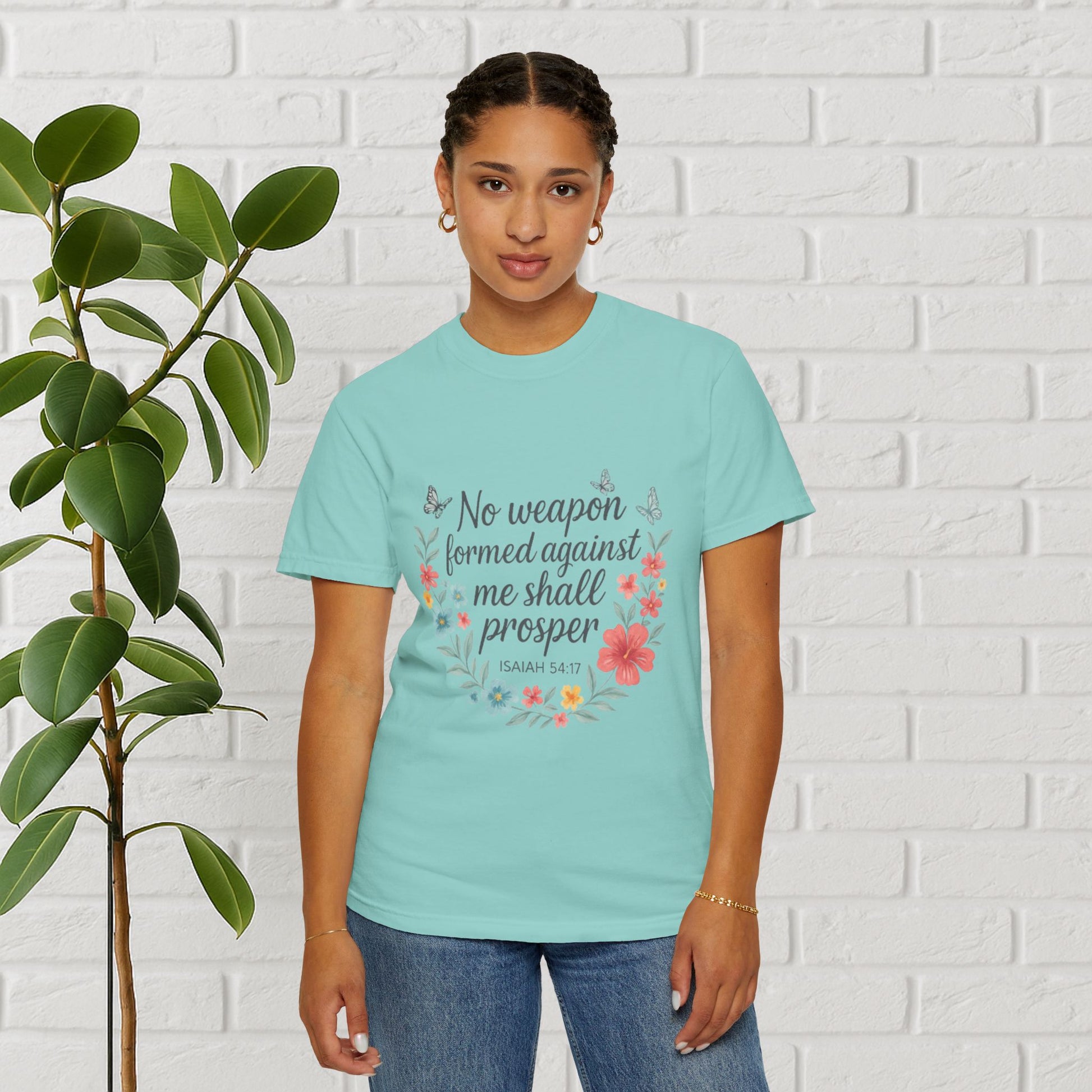 No Weapon Shall Prosper Tee – Isaiah 54:17 Floral Shield