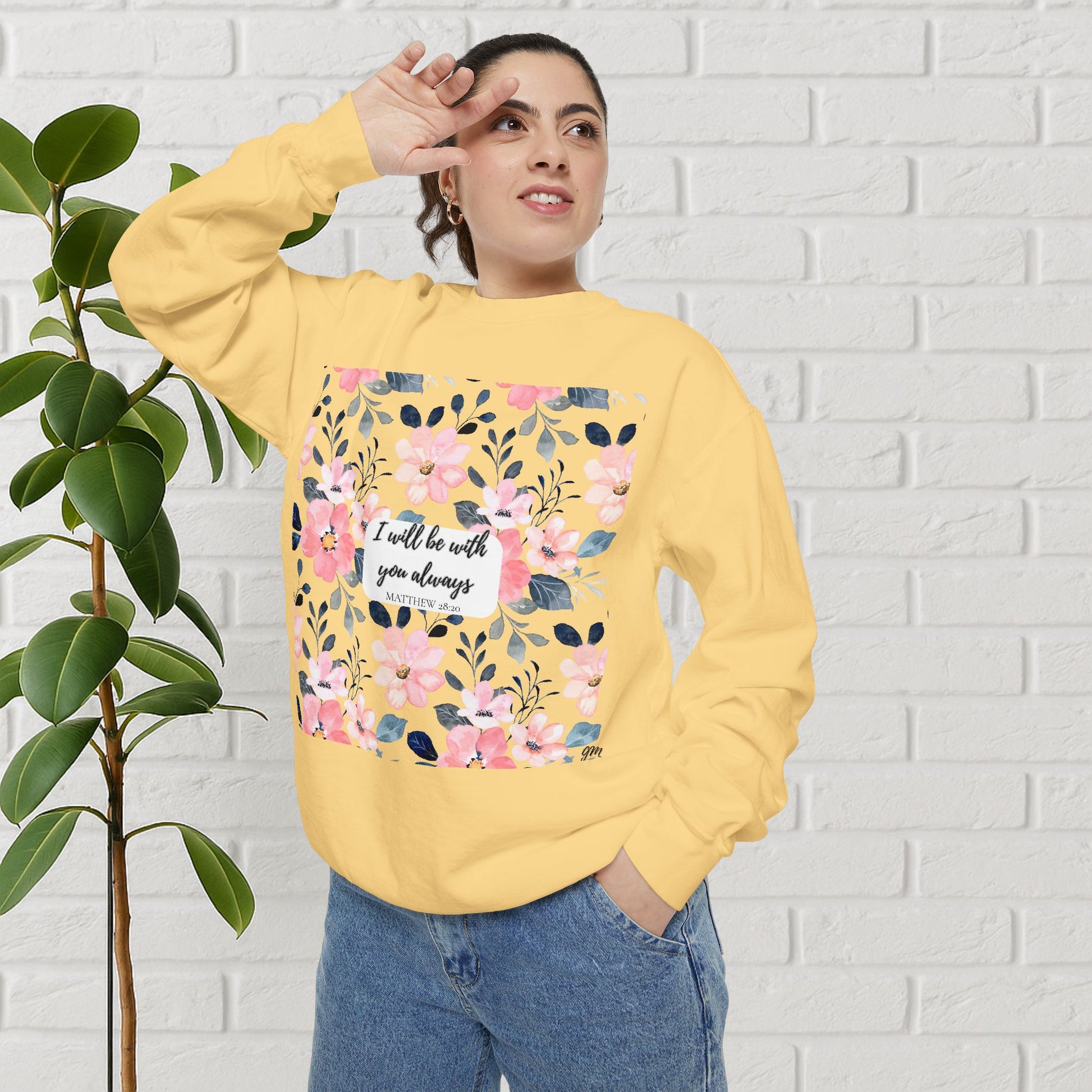 Faith in Bloom” Scripture Sweatshirt – Matthew 28:20 | Floral Christian Apparel