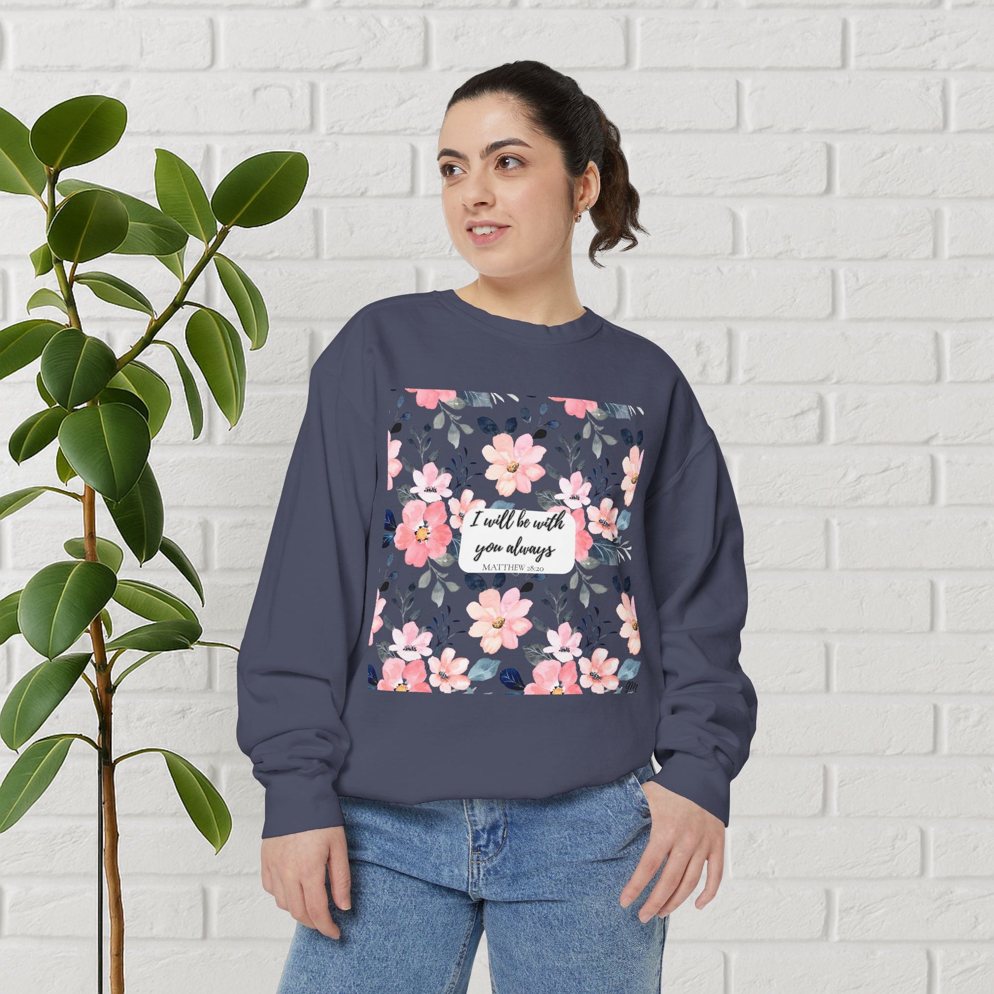 Faith in Bloom” Scripture Sweatshirt – Matthew 28:20 | Floral Christian Apparel