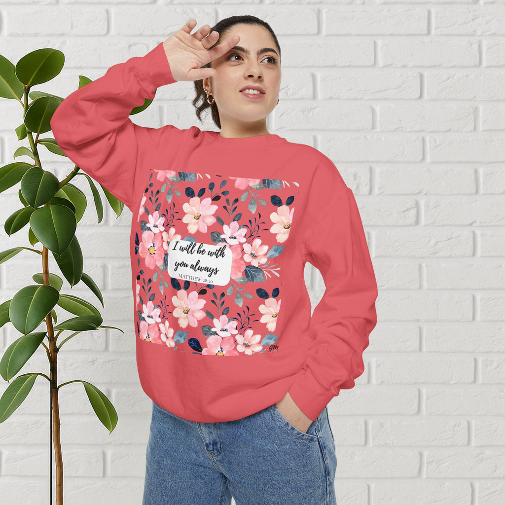 Faith in Bloom” Scripture Sweatshirt – Matthew 28:20 | Floral Christian Apparel