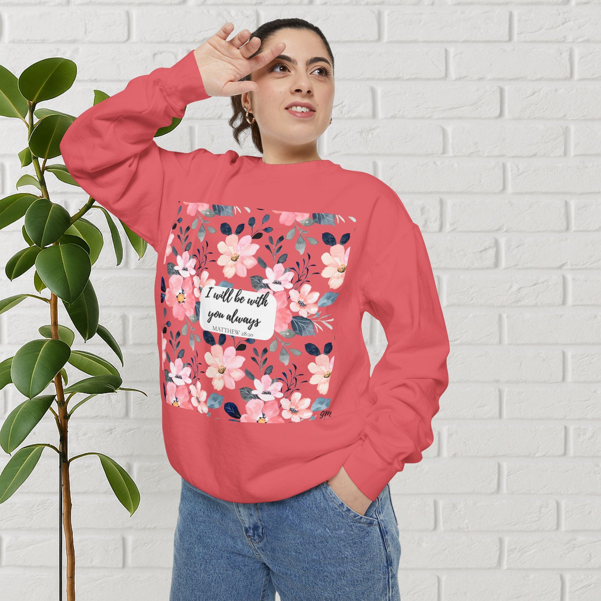 Faith in Bloom” Scripture Sweatshirt – Matthew 28:20 | Floral Christian Apparel