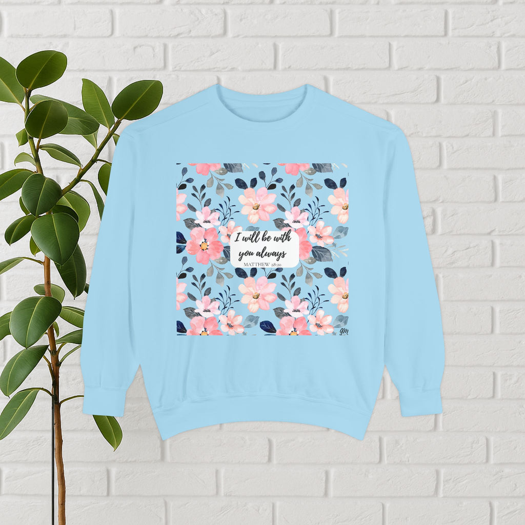 Faith in Bloom” Scripture Sweatshirt – Matthew 28:20 | Floral Christian Apparel