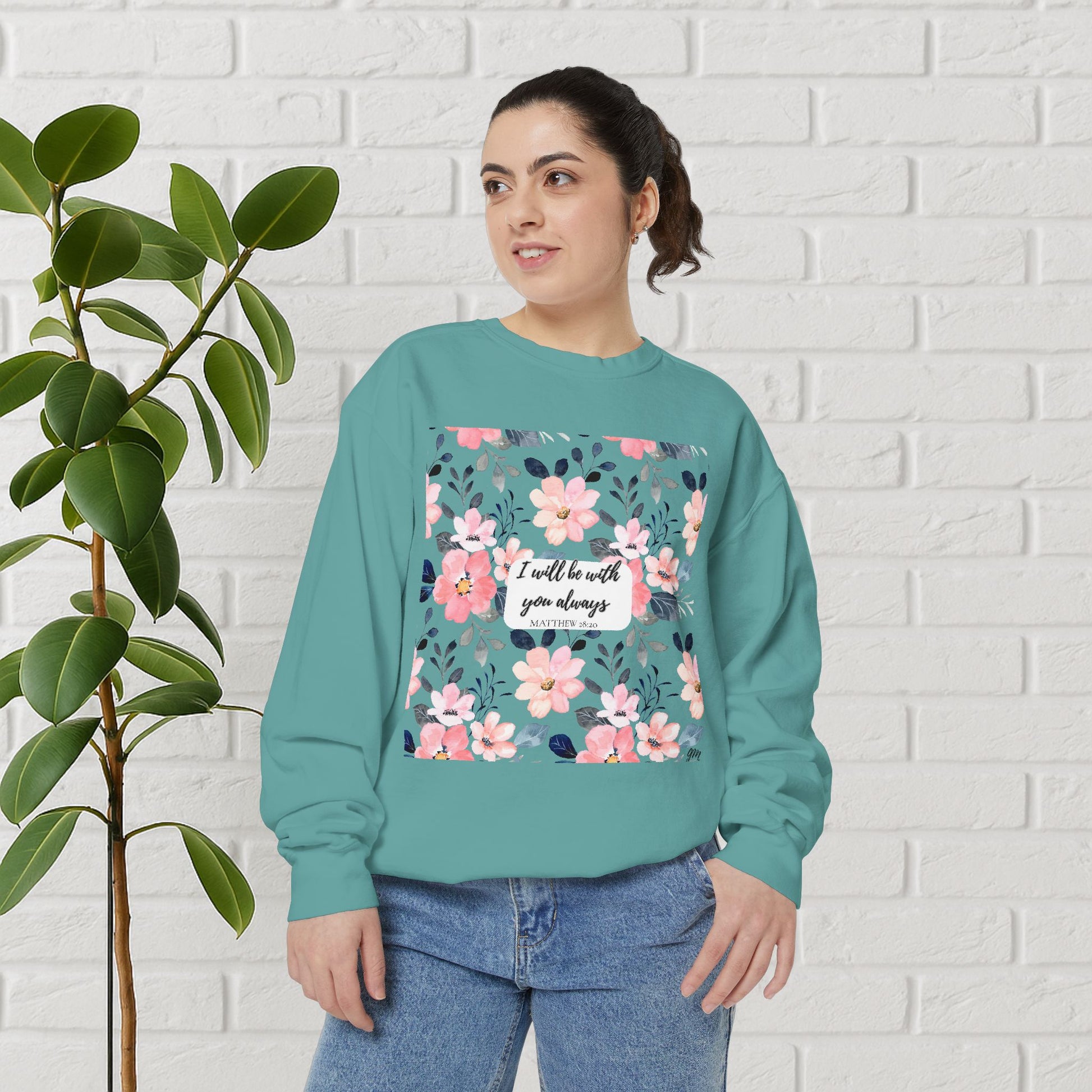 Faith in Bloom” Scripture Sweatshirt – Matthew 28:20 | Floral Christian Apparel