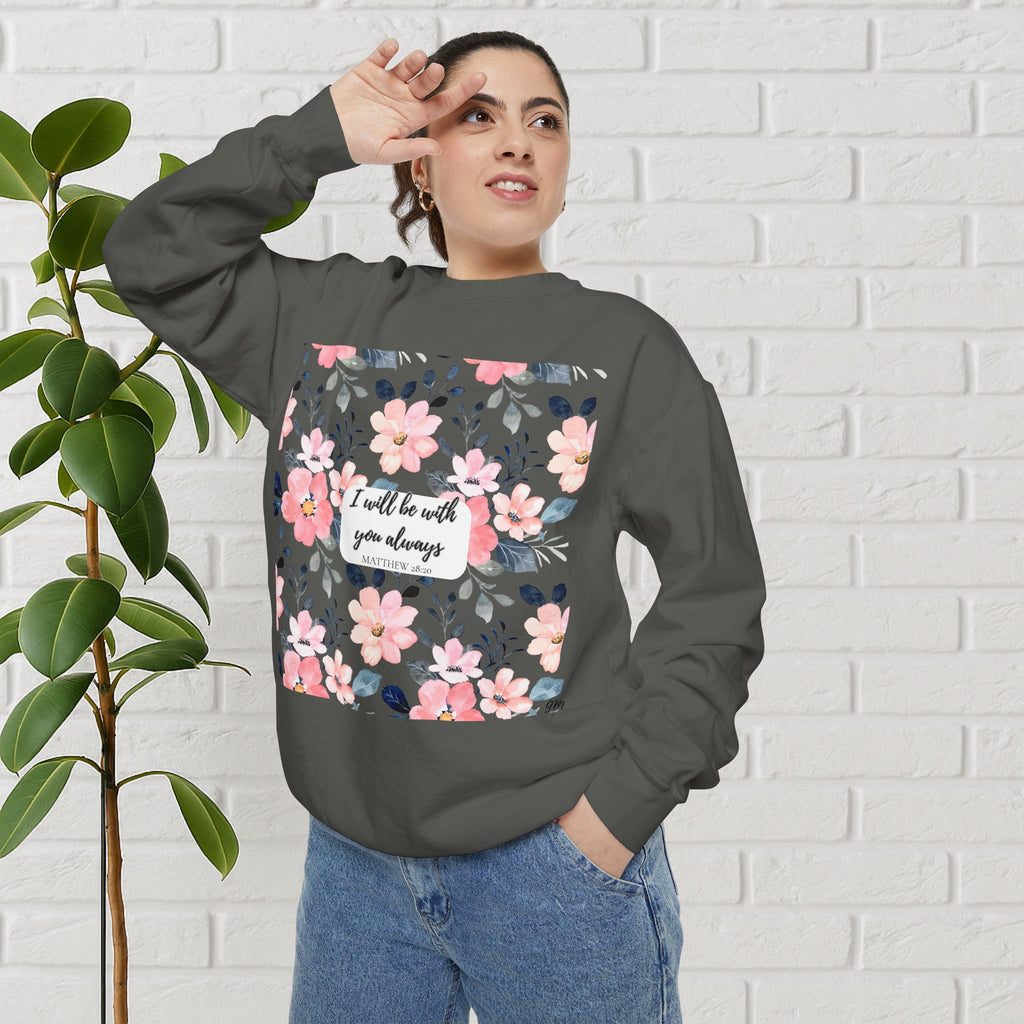 Faith in Bloom” Scripture Sweatshirt – Matthew 28:20 | Floral Christian Apparel