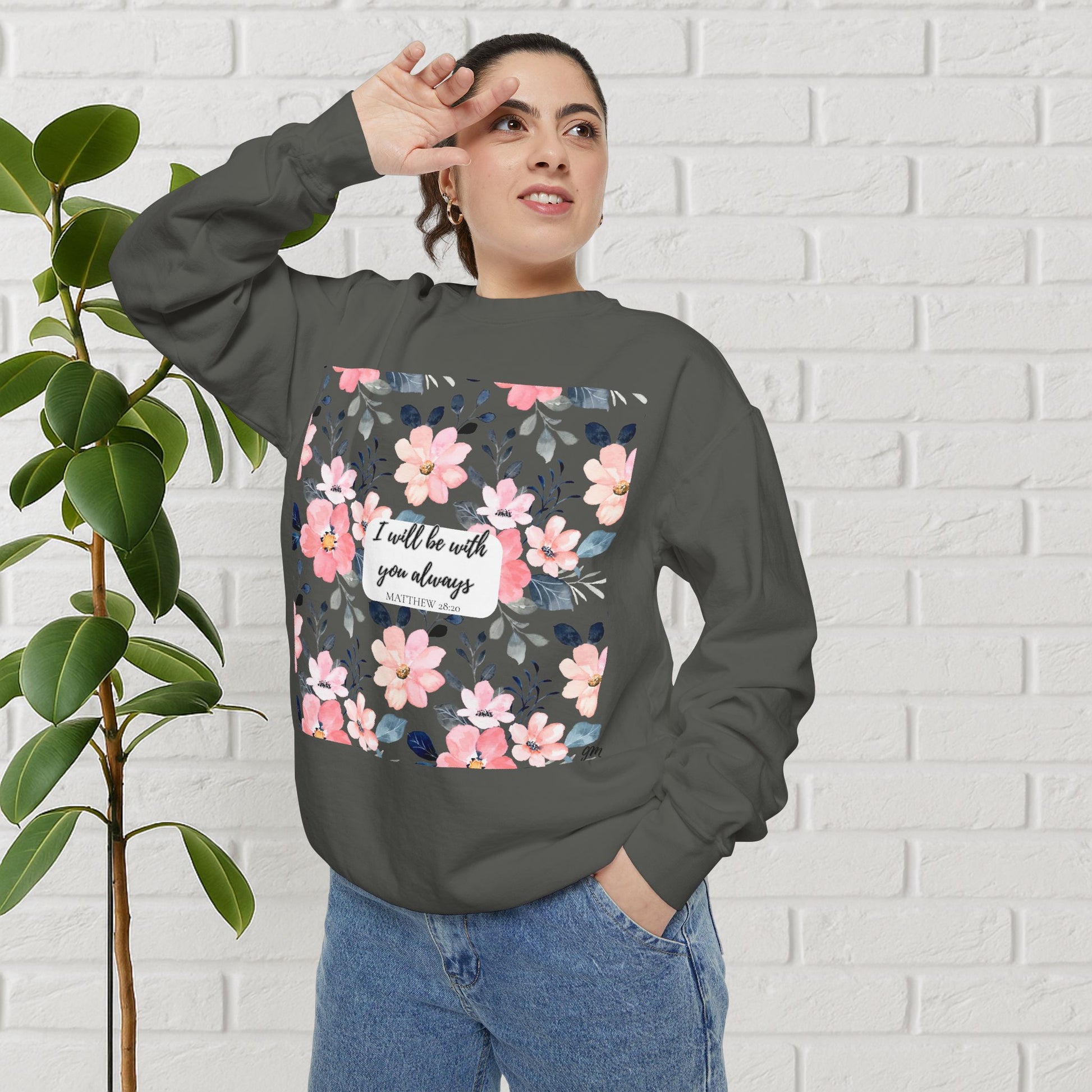 Faith in Bloom” Scripture Sweatshirt – Matthew 28:20 | Floral Christian Apparel