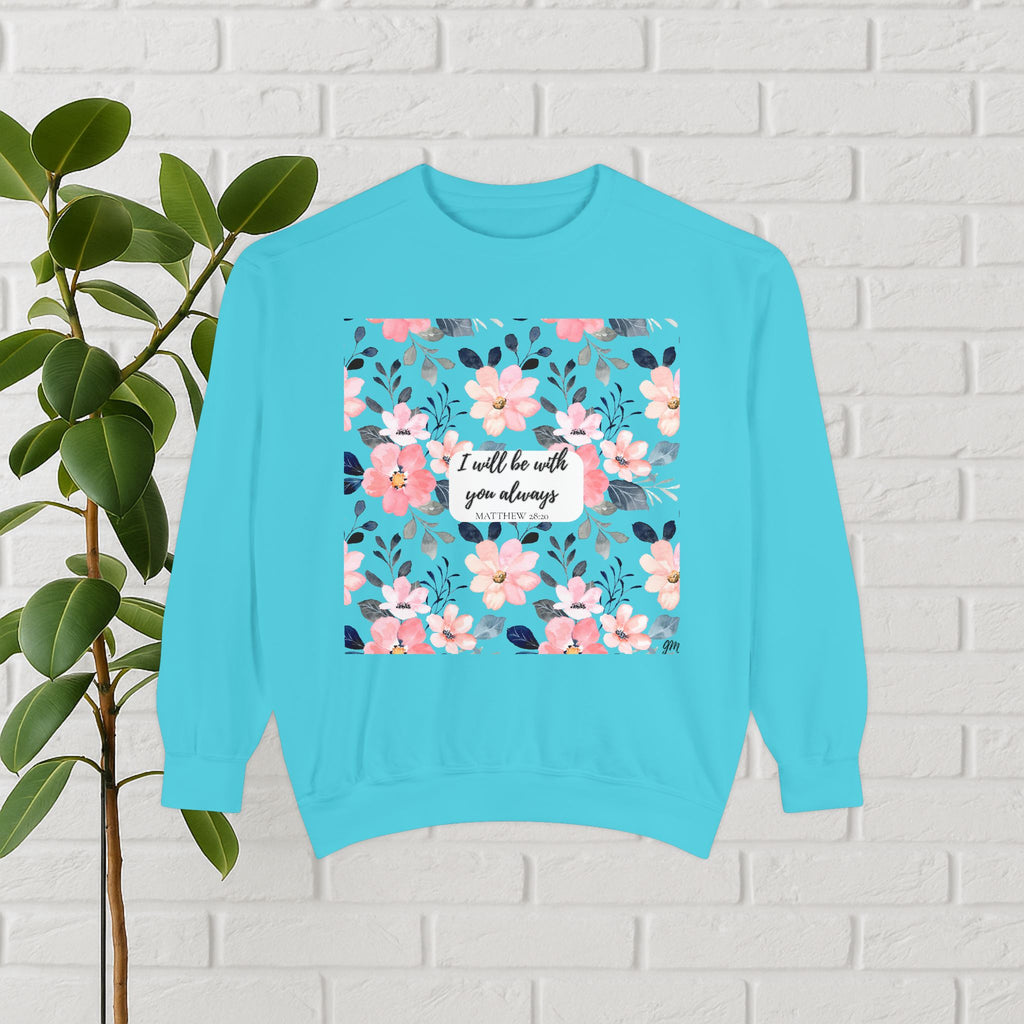 Faith in Bloom” Scripture Sweatshirt – Matthew 28:20 | Floral Christian Apparel