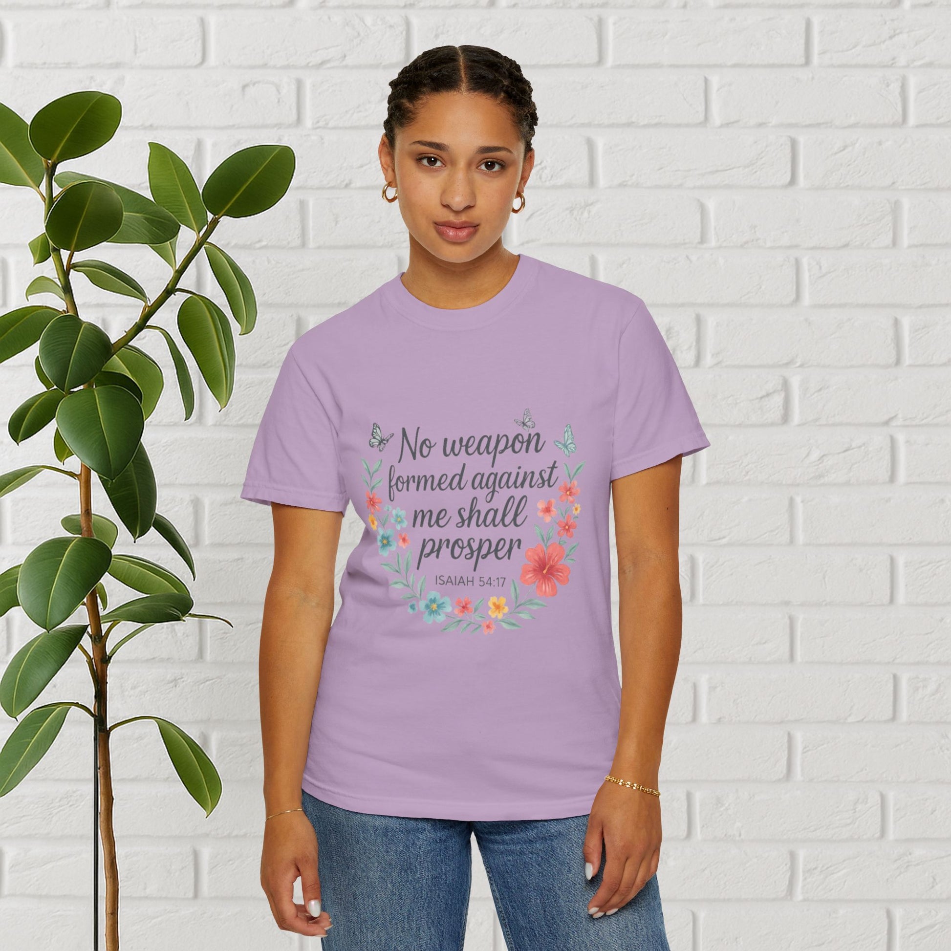 No Weapon Shall Prosper Tee – Isaiah 54:17 Floral Shield