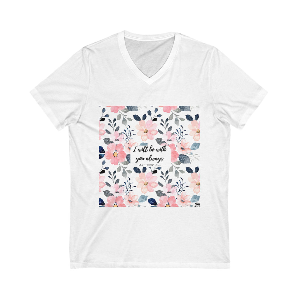 Faith in Bloom” Scripture V-Neck Tee – Matthew 28:20 | Elegant Floral Christian Shirt