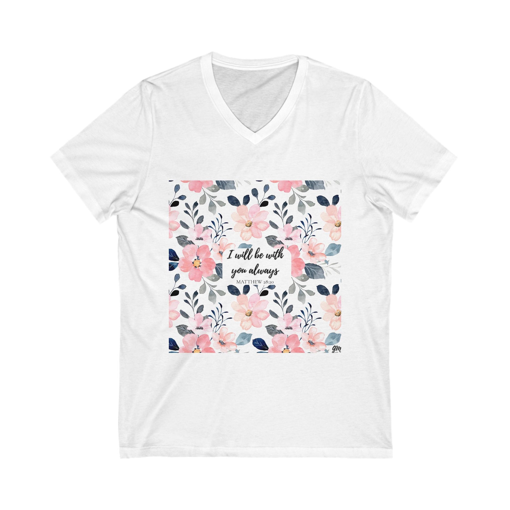 Faith in Bloom” Scripture V-Neck Tee – Matthew 28:20 | Elegant Floral Christian Shirt