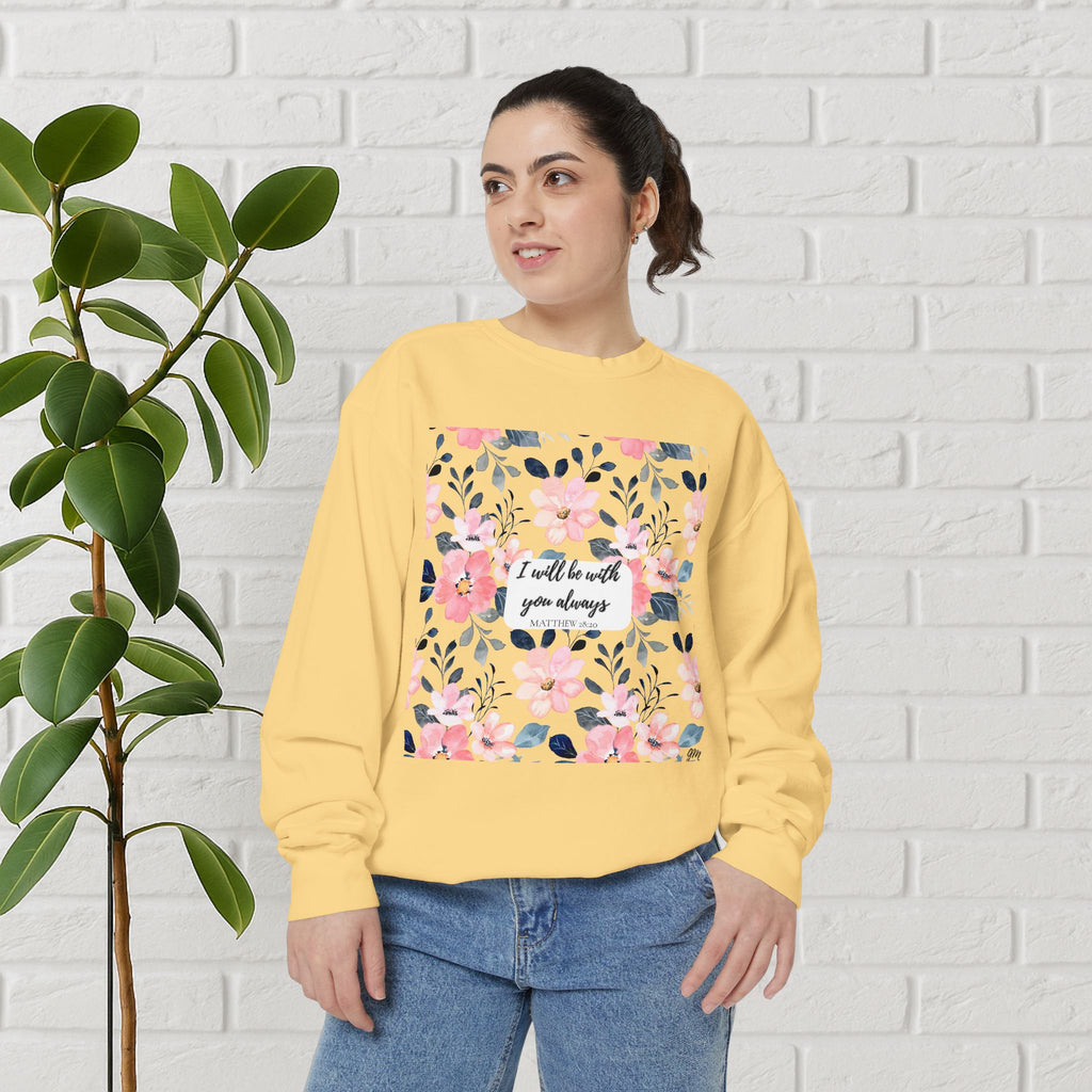 Faith in Bloom” Scripture Sweatshirt – Matthew 28:20 | Floral Christian Apparel