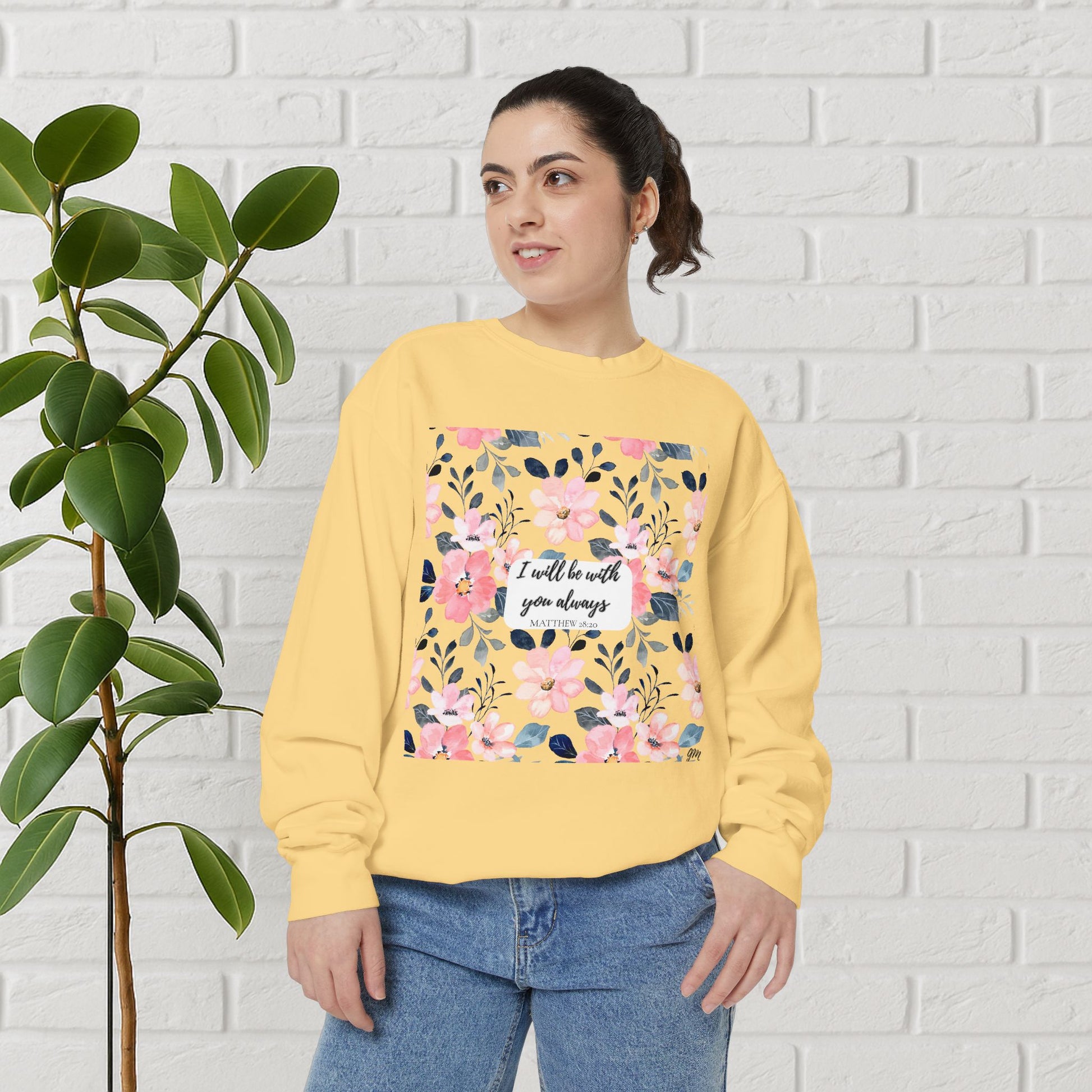 Faith in Bloom” Scripture Sweatshirt – Matthew 28:20 | Floral Christian Apparel