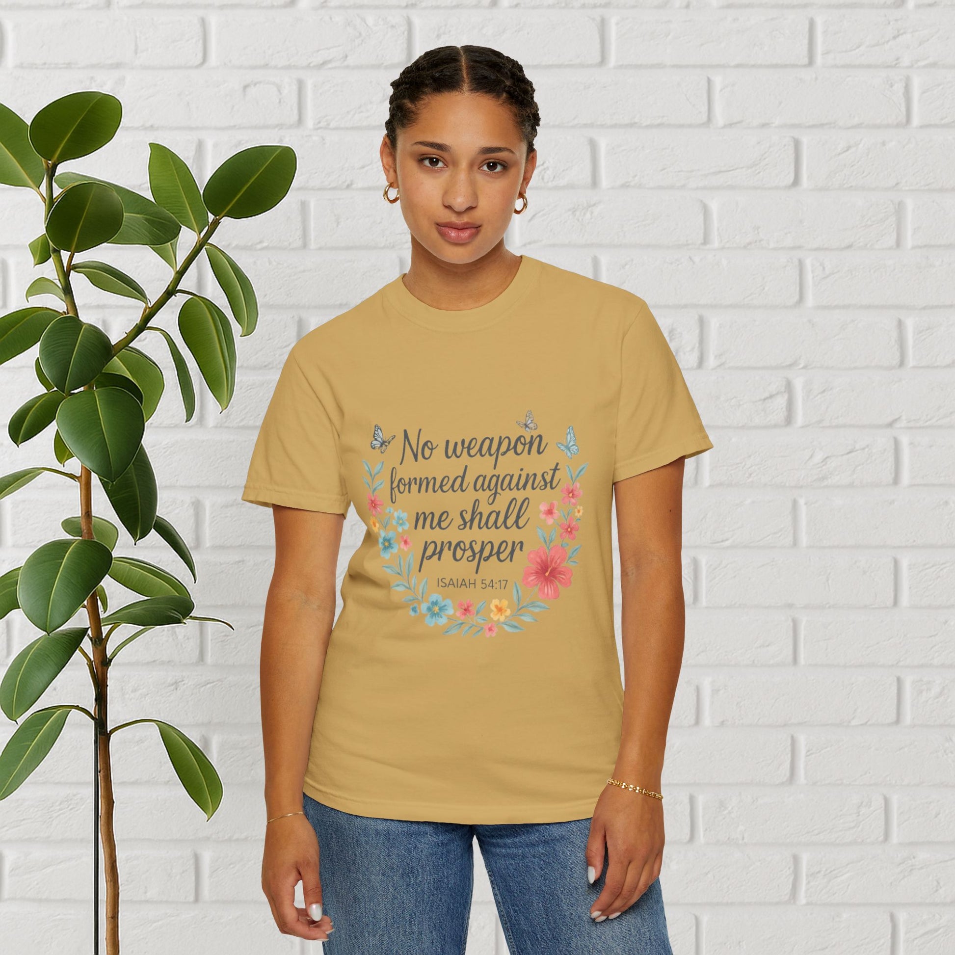 No Weapon Shall Prosper Tee – Isaiah 54:17 Floral Shield