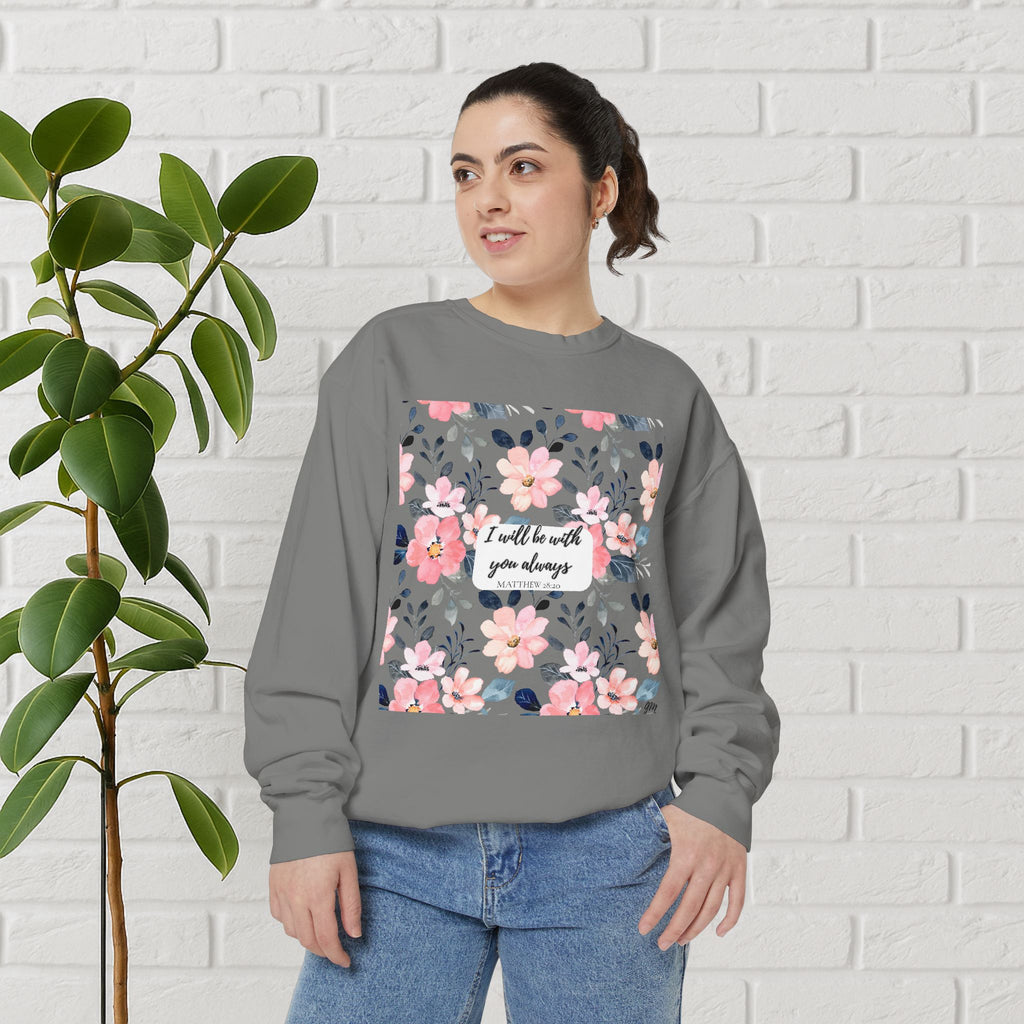 Faith in Bloom” Scripture Sweatshirt – Matthew 28:20 | Floral Christian Apparel