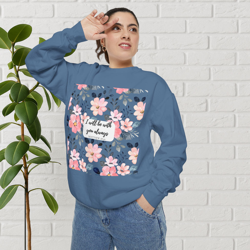Faith in Bloom” Scripture Sweatshirt – Matthew 28:20 | Floral Christian Apparel