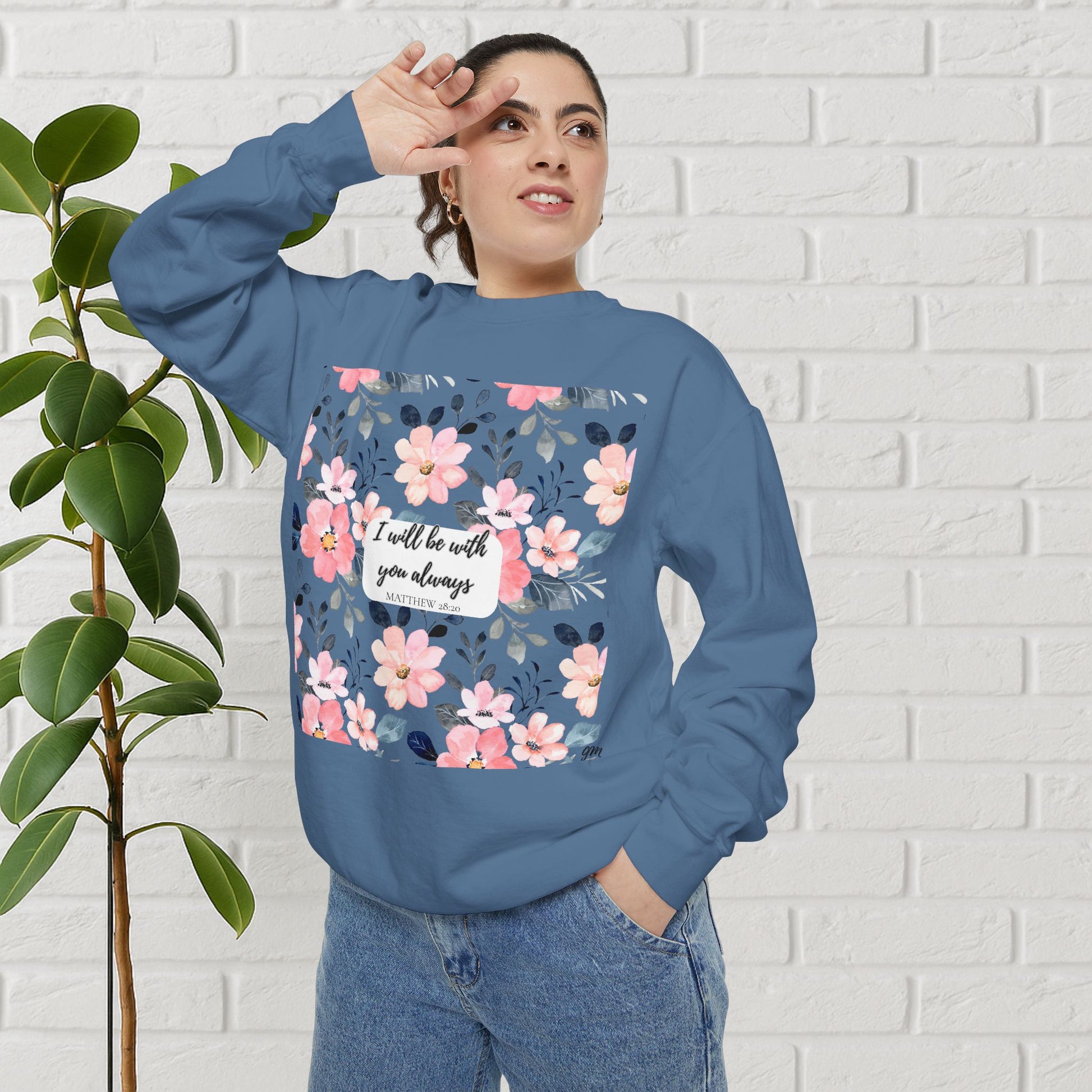 Faith in Bloom” Scripture Sweatshirt – Matthew 28:20 | Floral Christian Apparel
