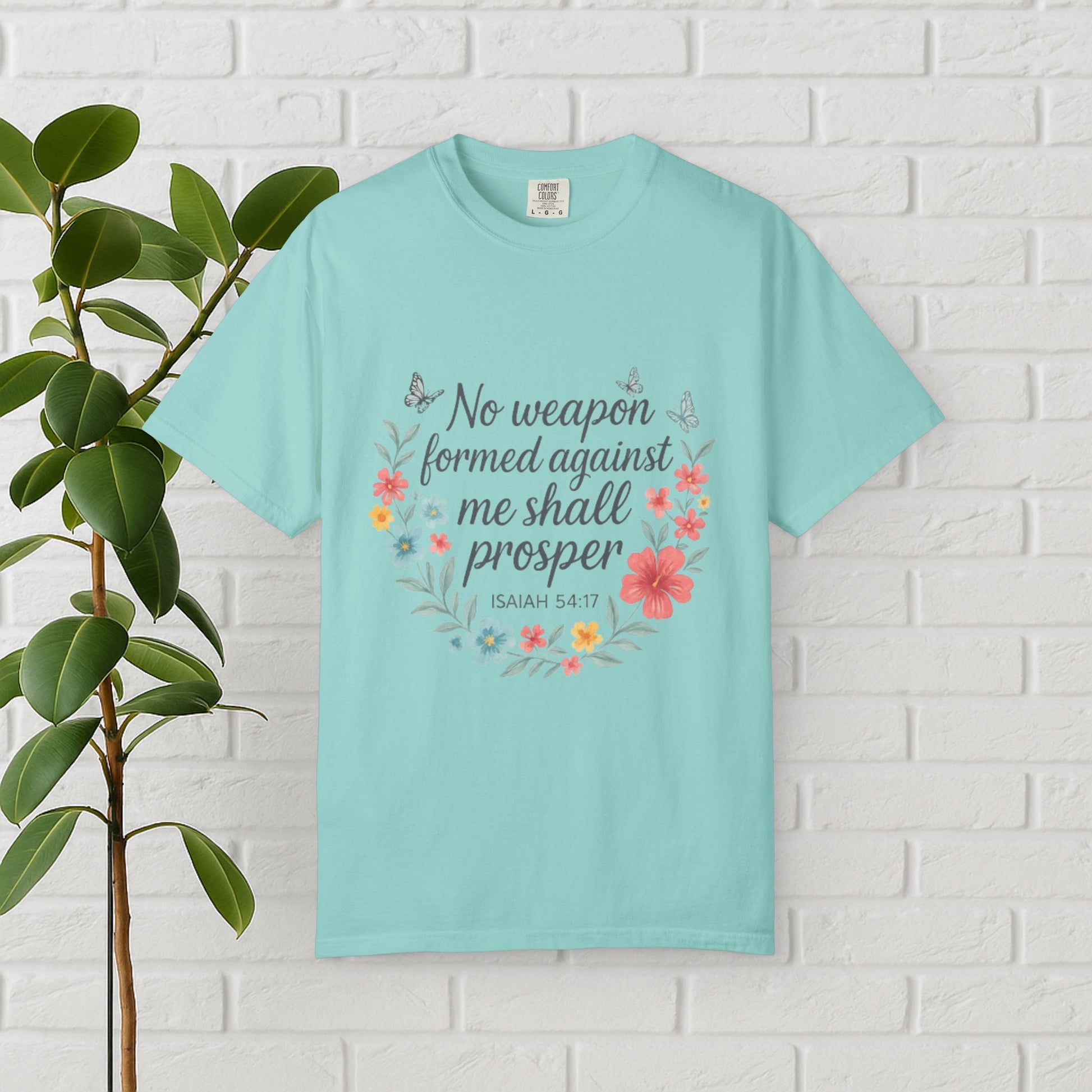 No Weapon Shall Prosper Tee – Isaiah 54:17 Floral Shield