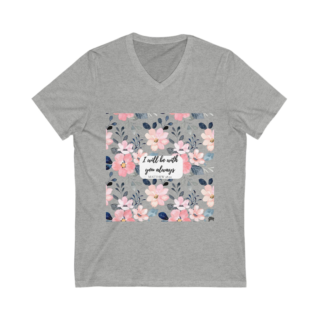 Faith in Bloom” Scripture V-Neck Tee – Matthew 28:20 | Elegant Floral Christian Shirt