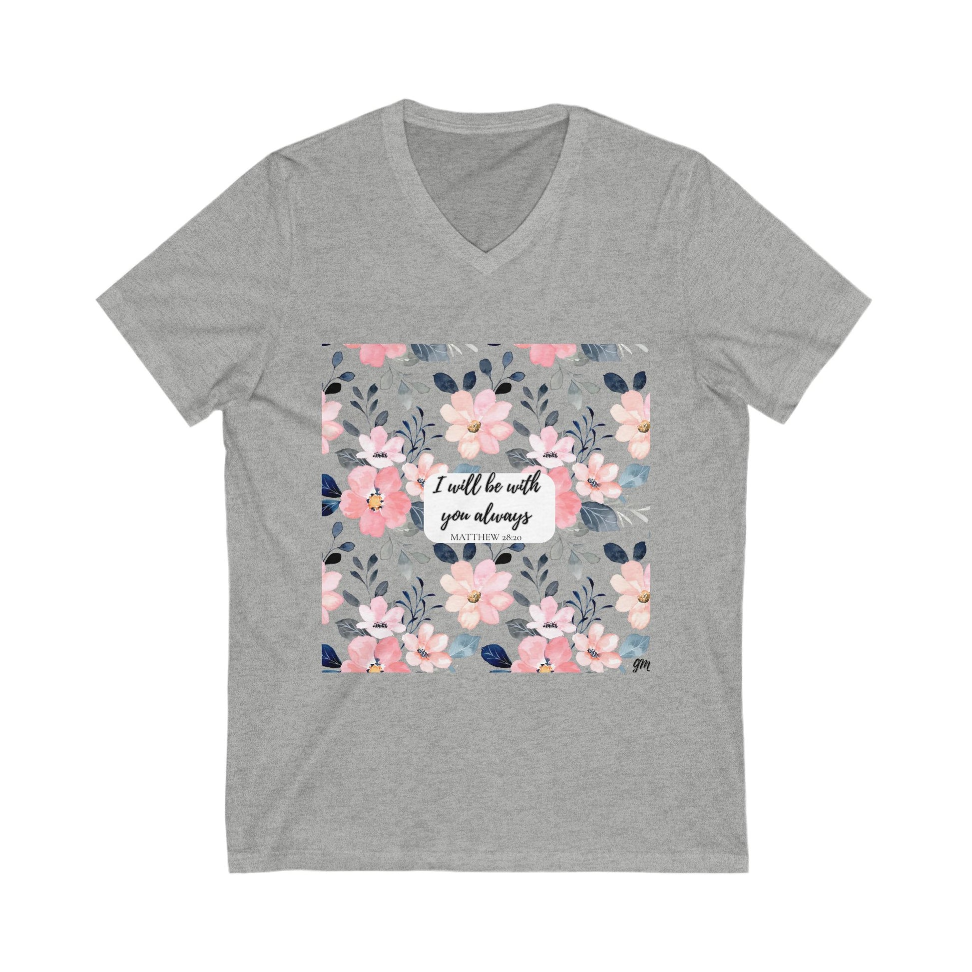 Faith in Bloom” Scripture V-Neck Tee – Matthew 28:20 | Elegant Floral Christian Shirt