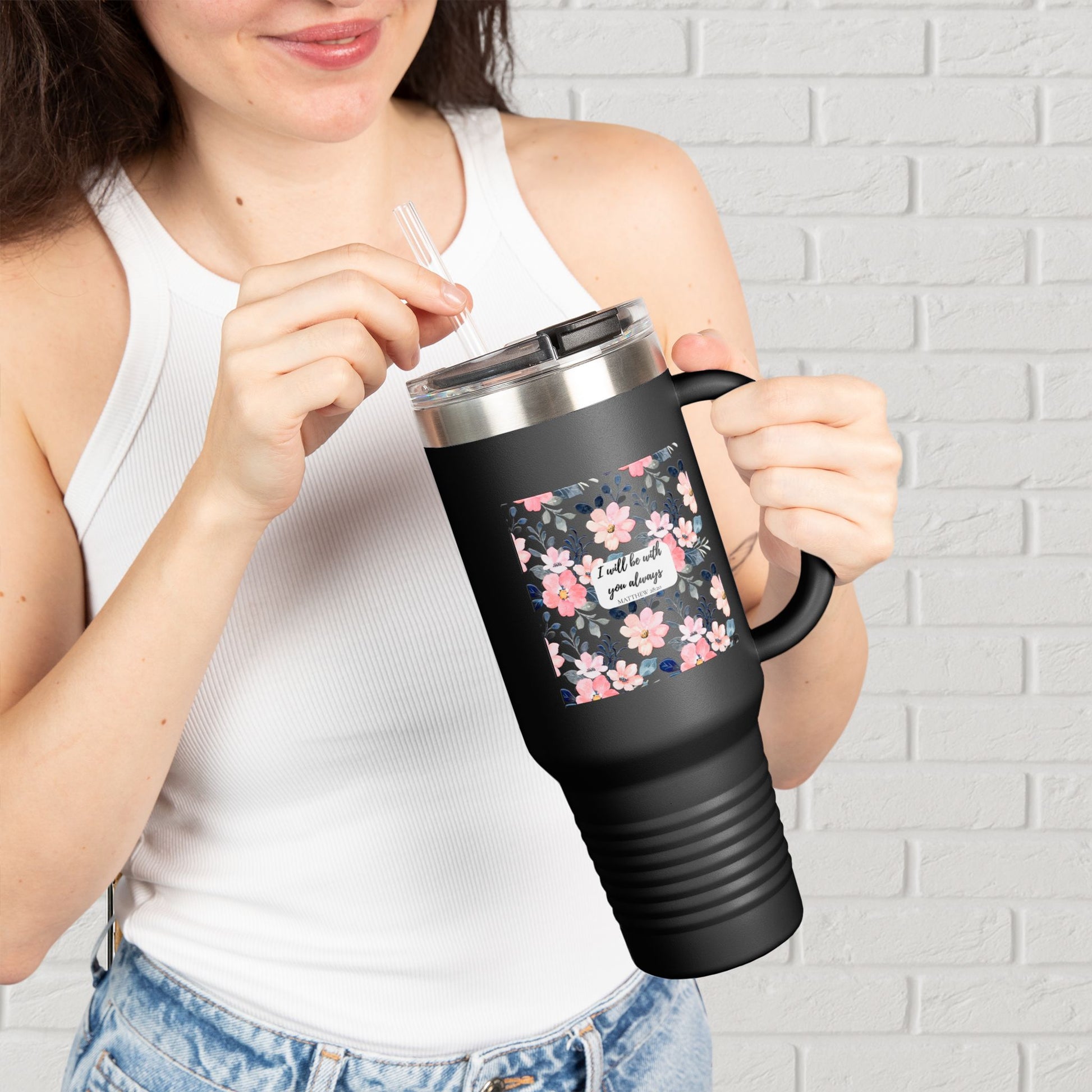 “Faith in Bloom” Floral Scripture Tumbler – Matthew 28:20
