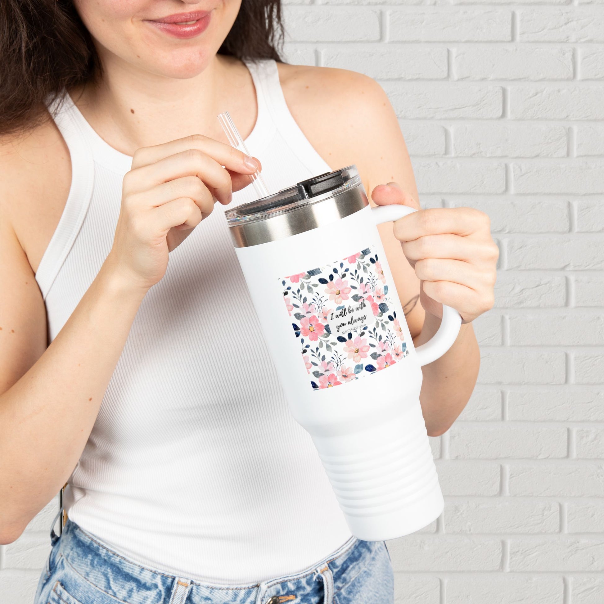 “Faith in Bloom” Floral Scripture Tumbler – Matthew 28:20