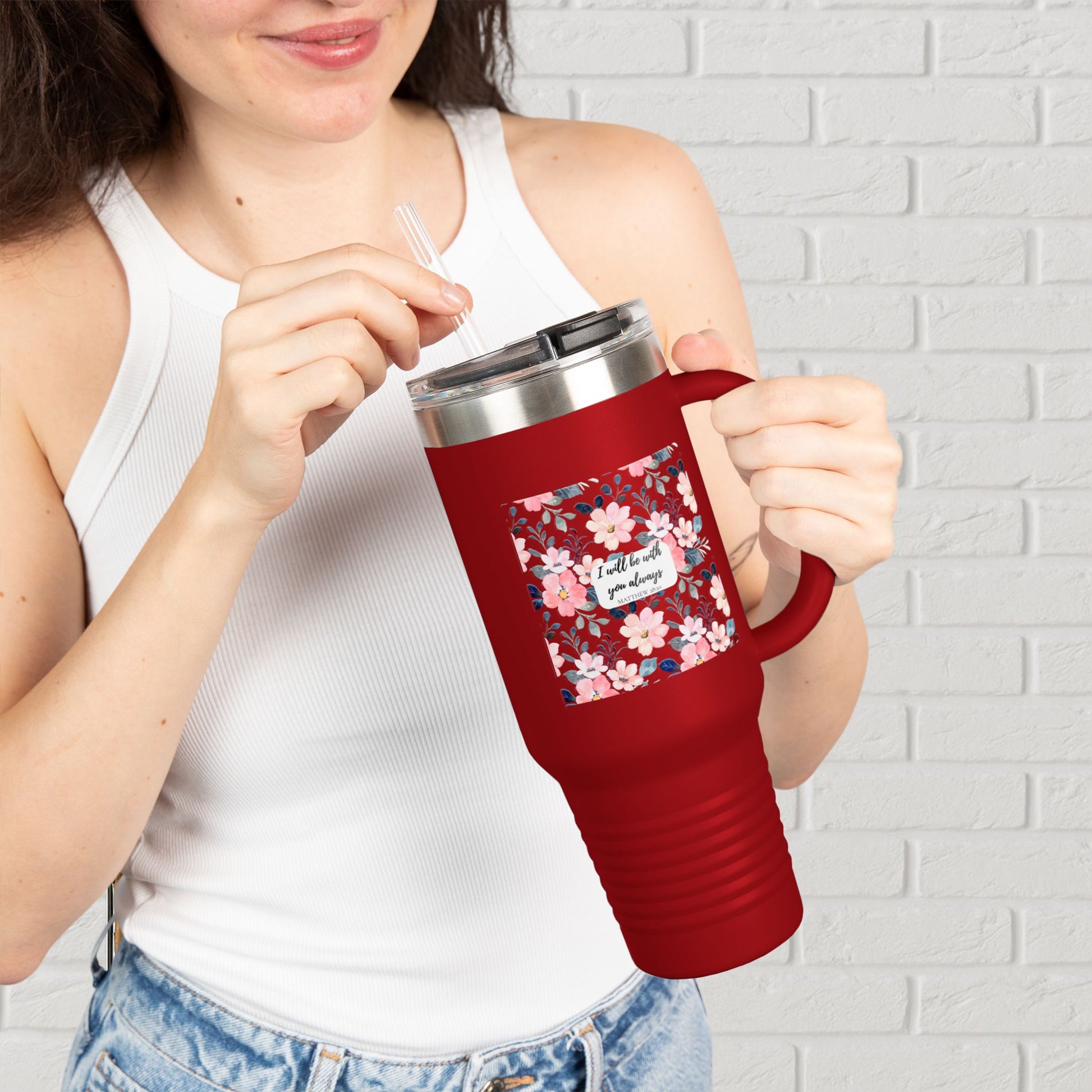 “Faith in Bloom” Floral Scripture Tumbler – Matthew 28:20