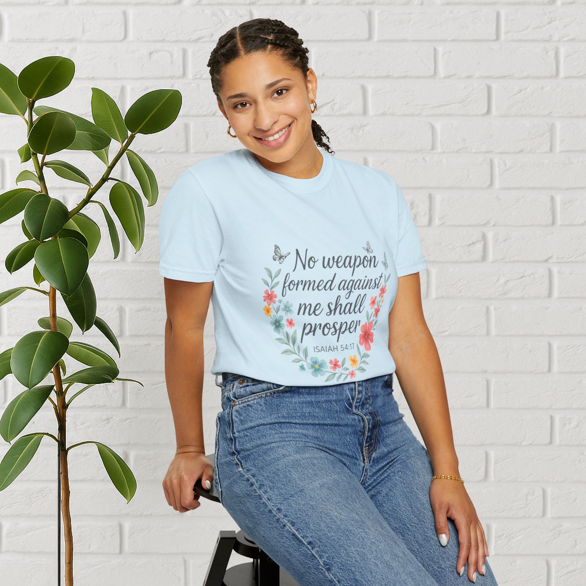 No Weapon Shall Prosper Tee – Isaiah 54:17 Floral Shield