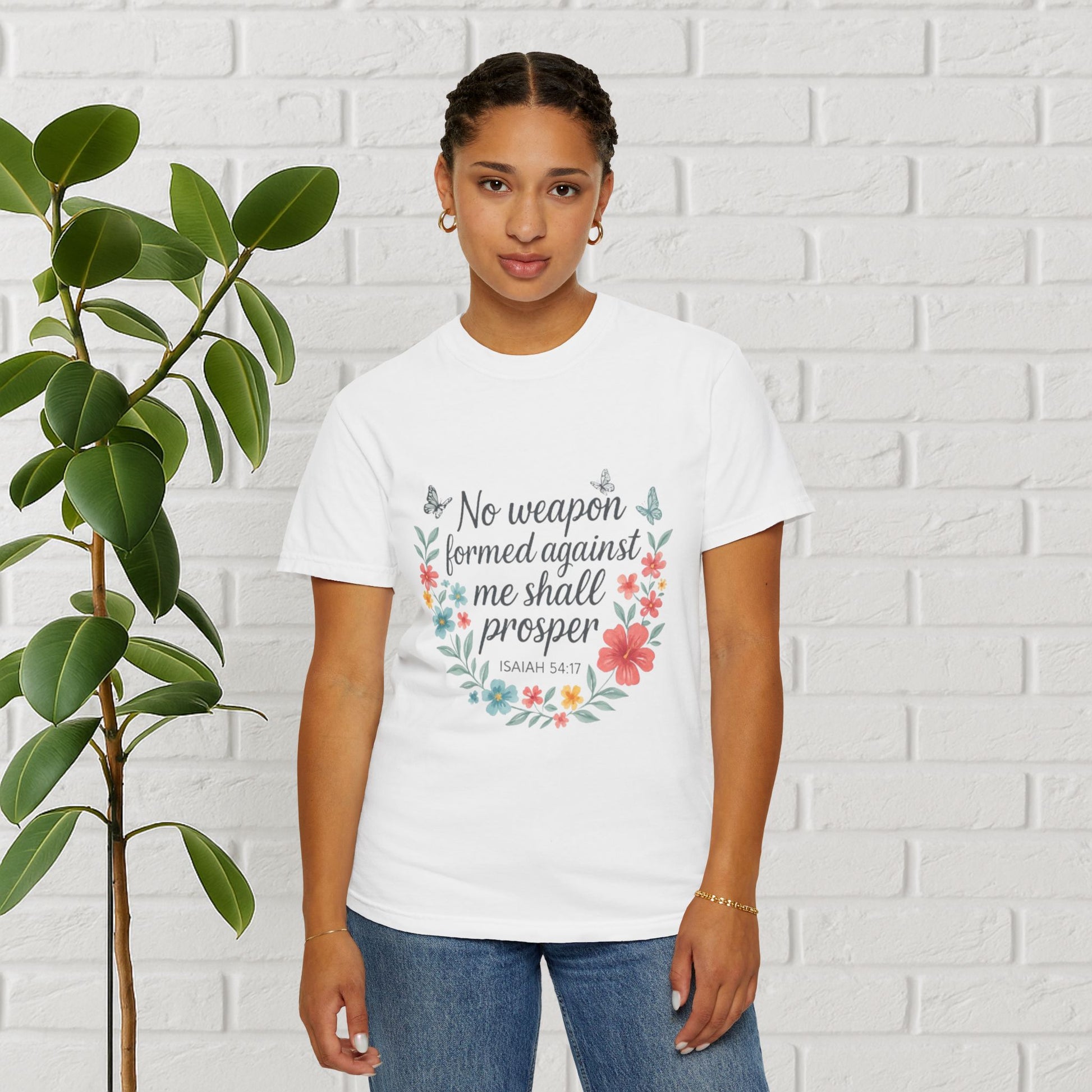 No Weapon Shall Prosper Tee – Isaiah 54:17 Floral Shield