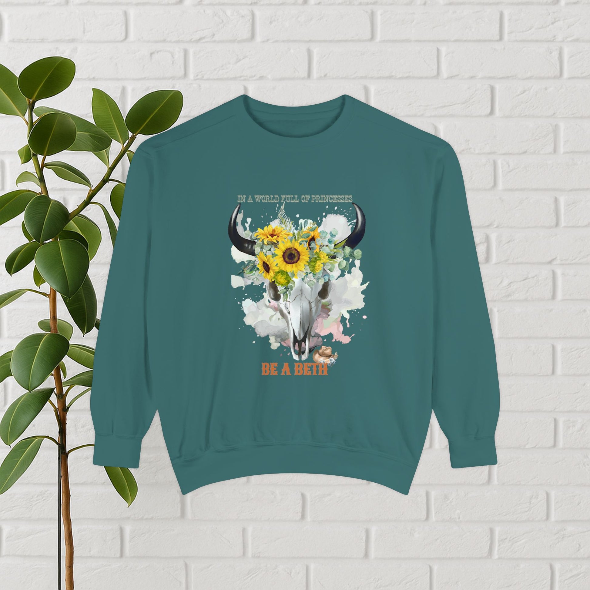 “Be a Beth” Cow Skull Sunflower Sweatshirt – Bold, Wild & Faithful