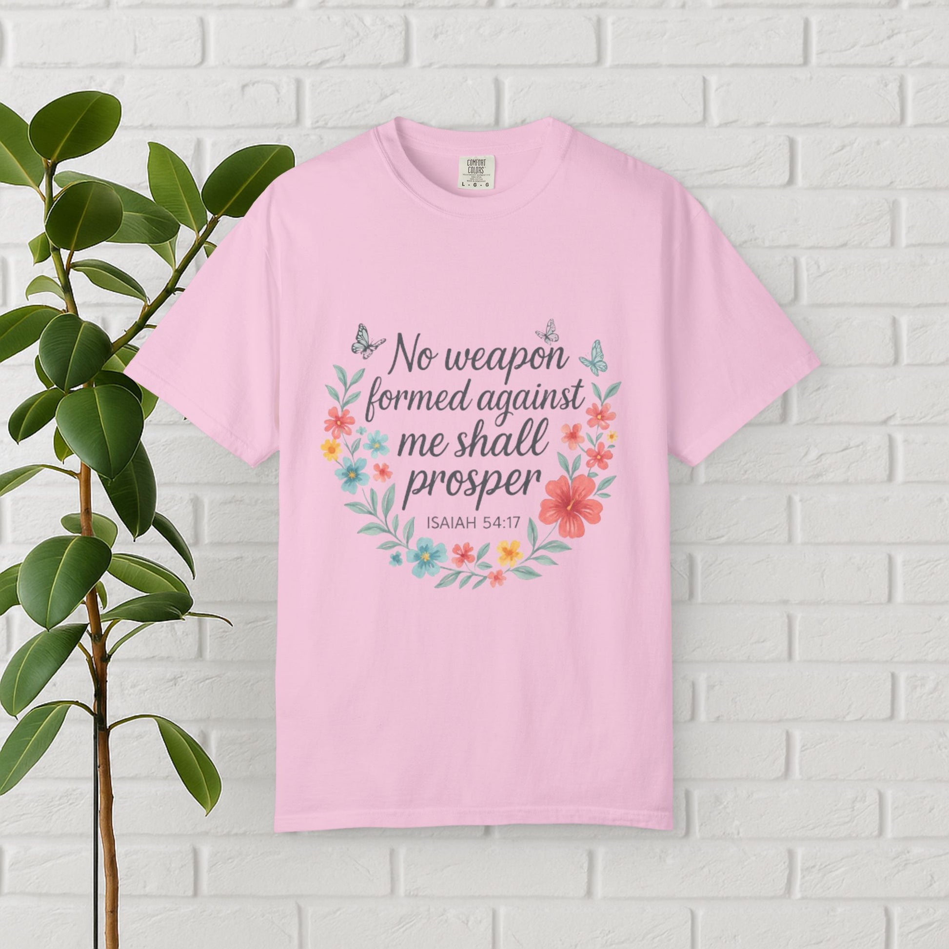 No Weapon Shall Prosper Tee – Isaiah 54:17 Floral Shield