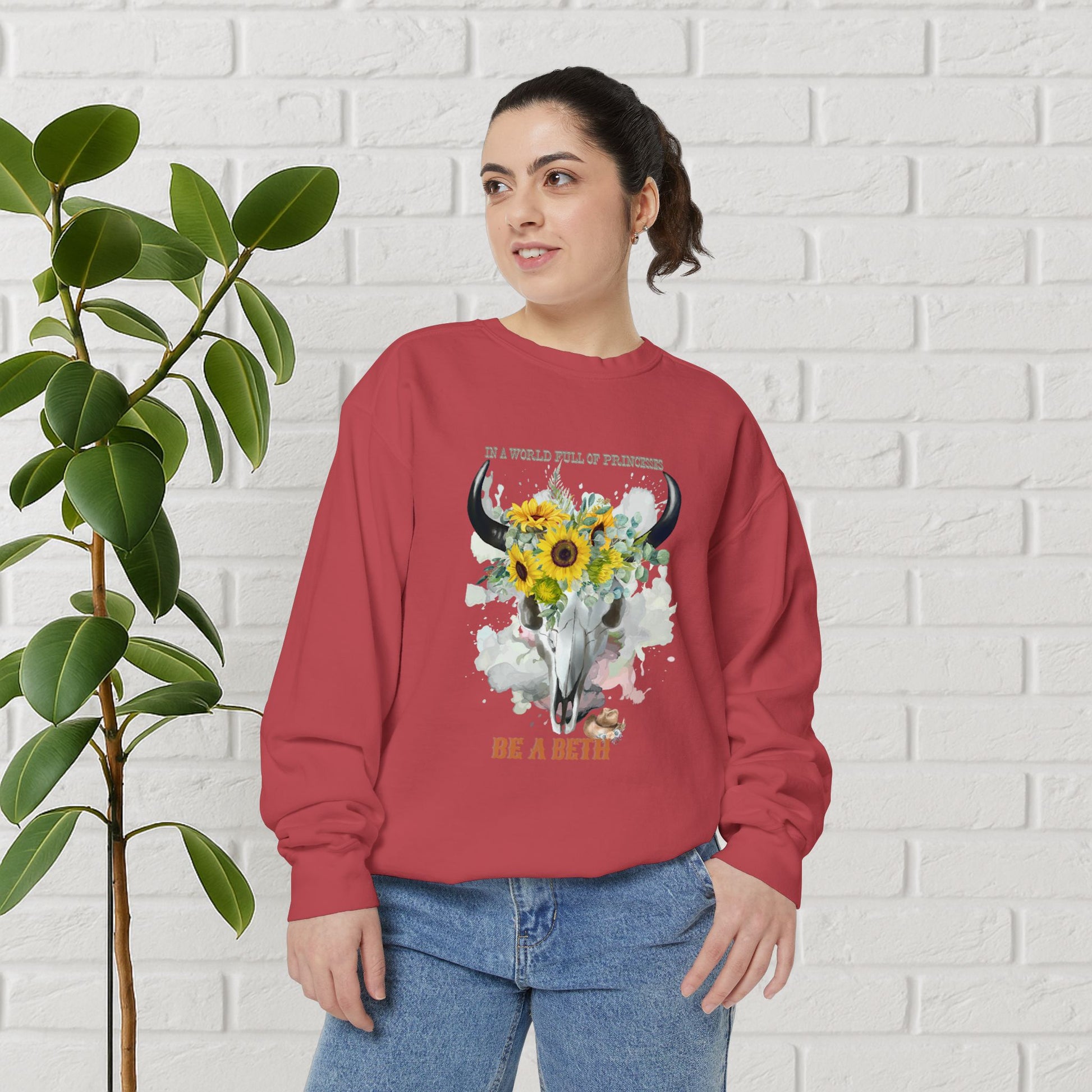 “Be a Beth” Cow Skull Sunflower Sweatshirt – Bold, Wild & Faithful