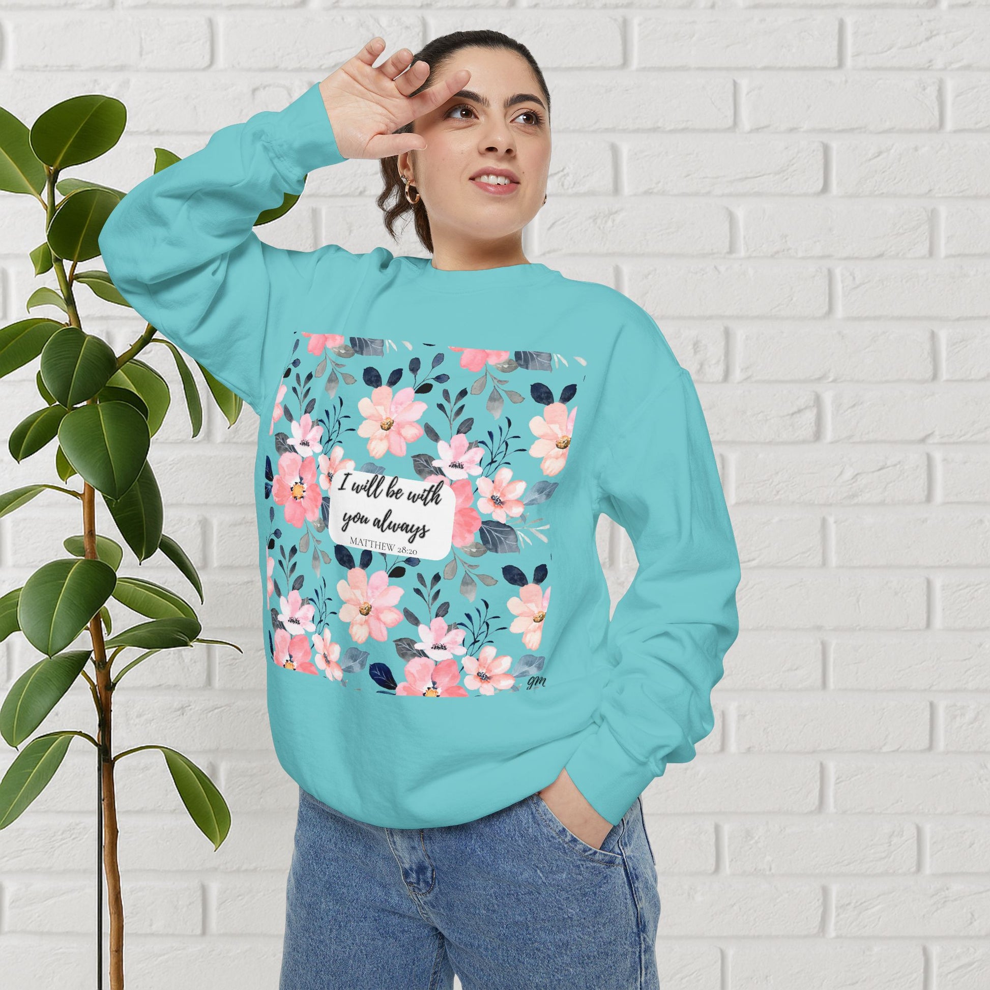 Faith in Bloom” Scripture Sweatshirt – Matthew 28:20 | Floral Christian Apparel