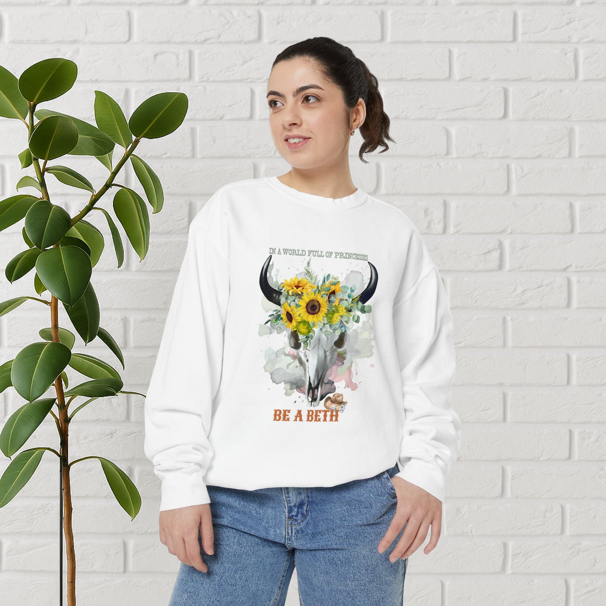 “Be a Beth” Cow Skull Sunflower Sweatshirt – Bold, Wild & Faithful