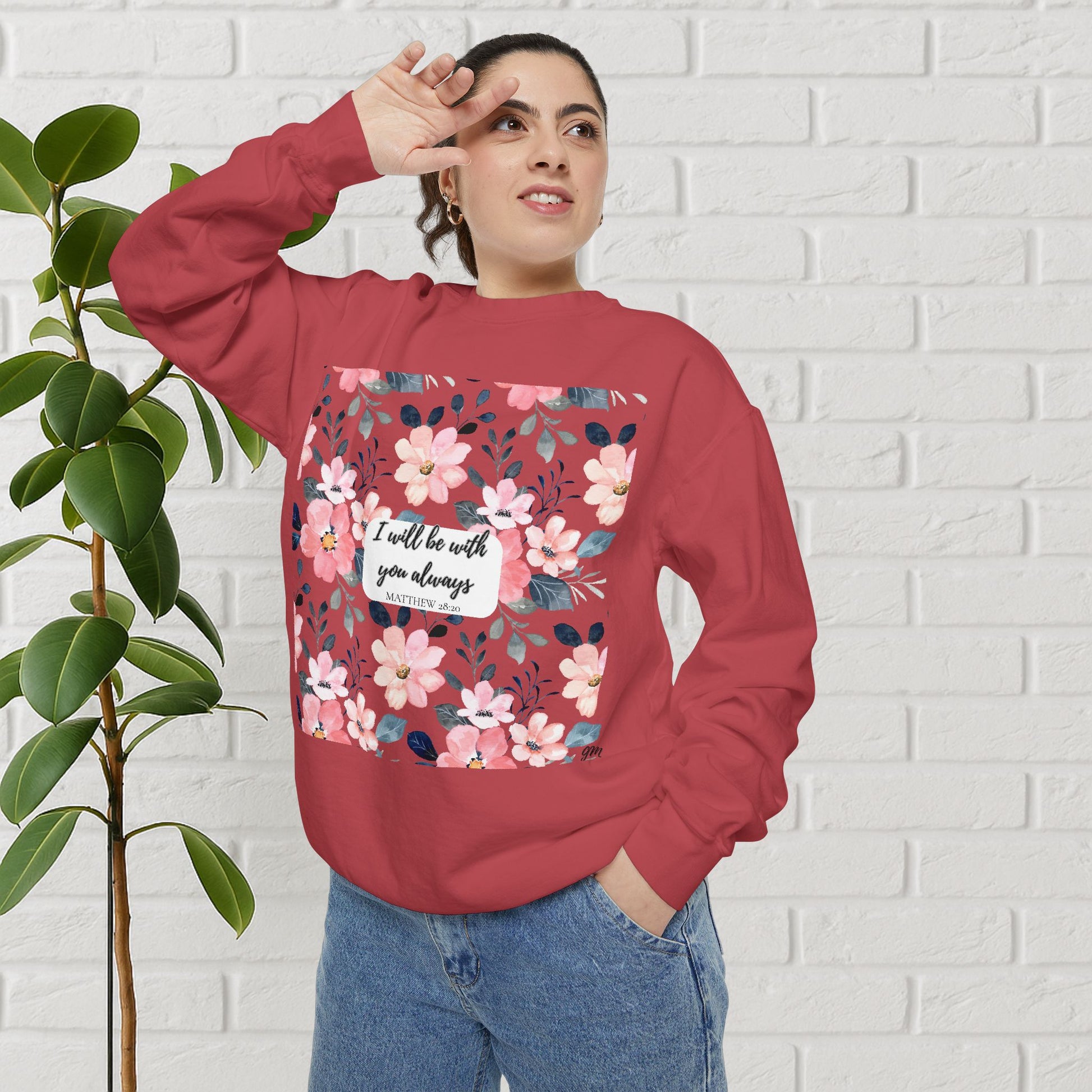 Faith in Bloom” Scripture Sweatshirt – Matthew 28:20 | Floral Christian Apparel