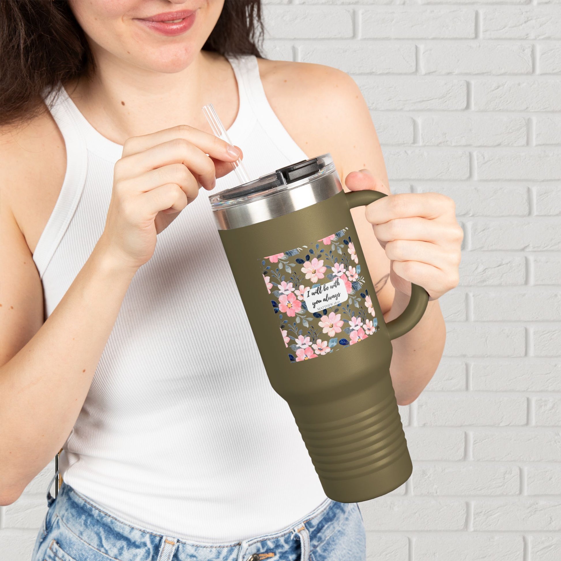 “Faith in Bloom” Floral Scripture Tumbler – Matthew 28:20