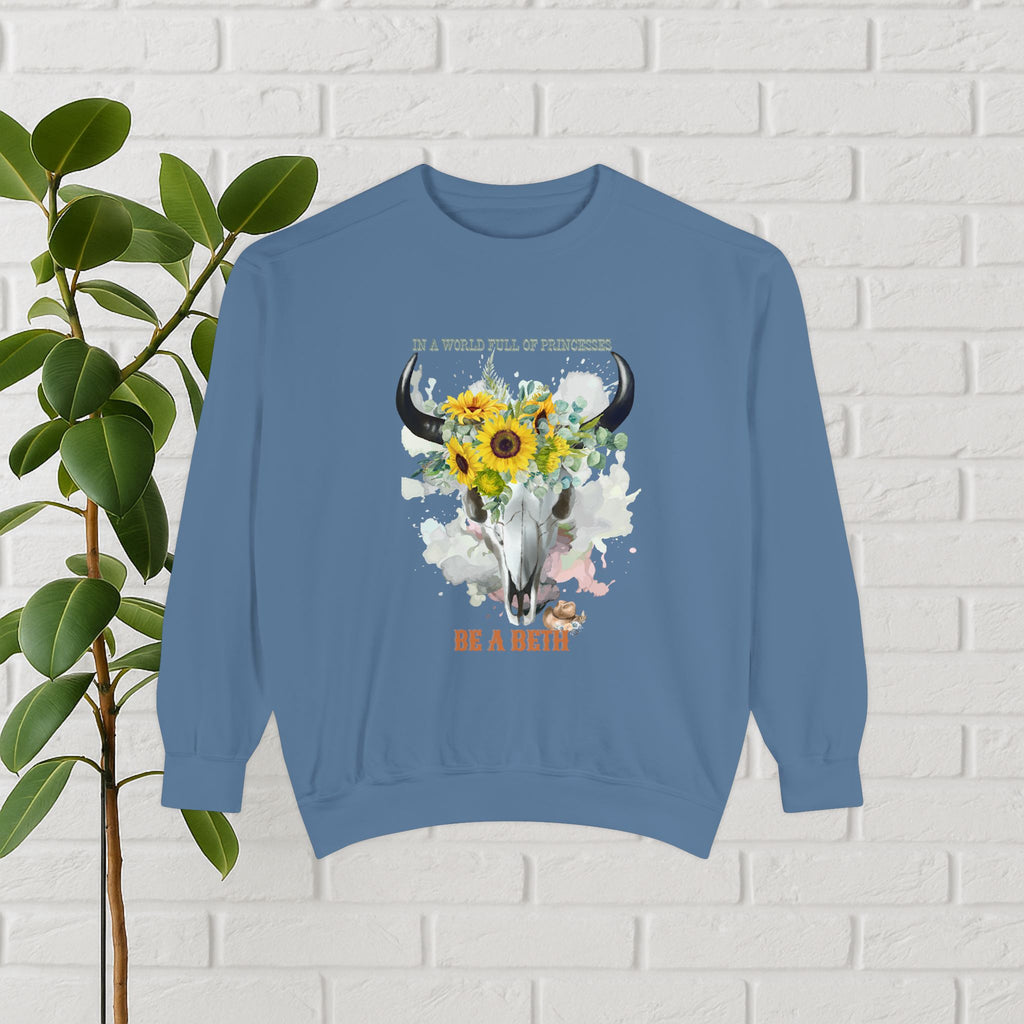 “Be a Beth” Cow Skull Sunflower Sweatshirt – Bold, Wild & Faithful