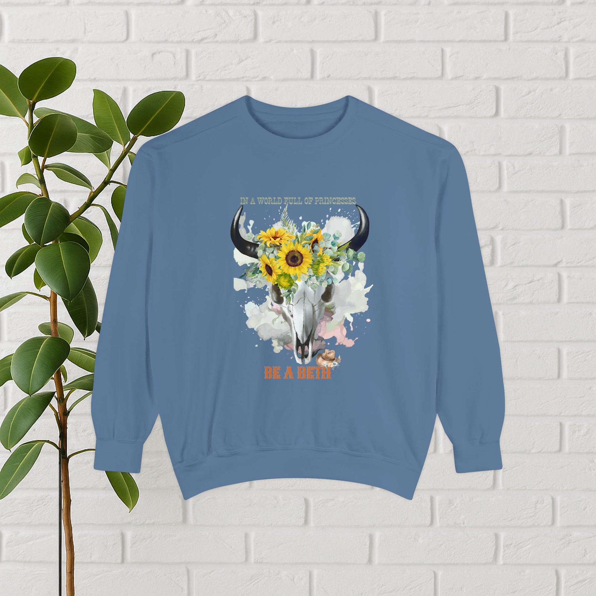 “Be a Beth” Cow Skull Sunflower Sweatshirt – Bold, Wild & Faithful